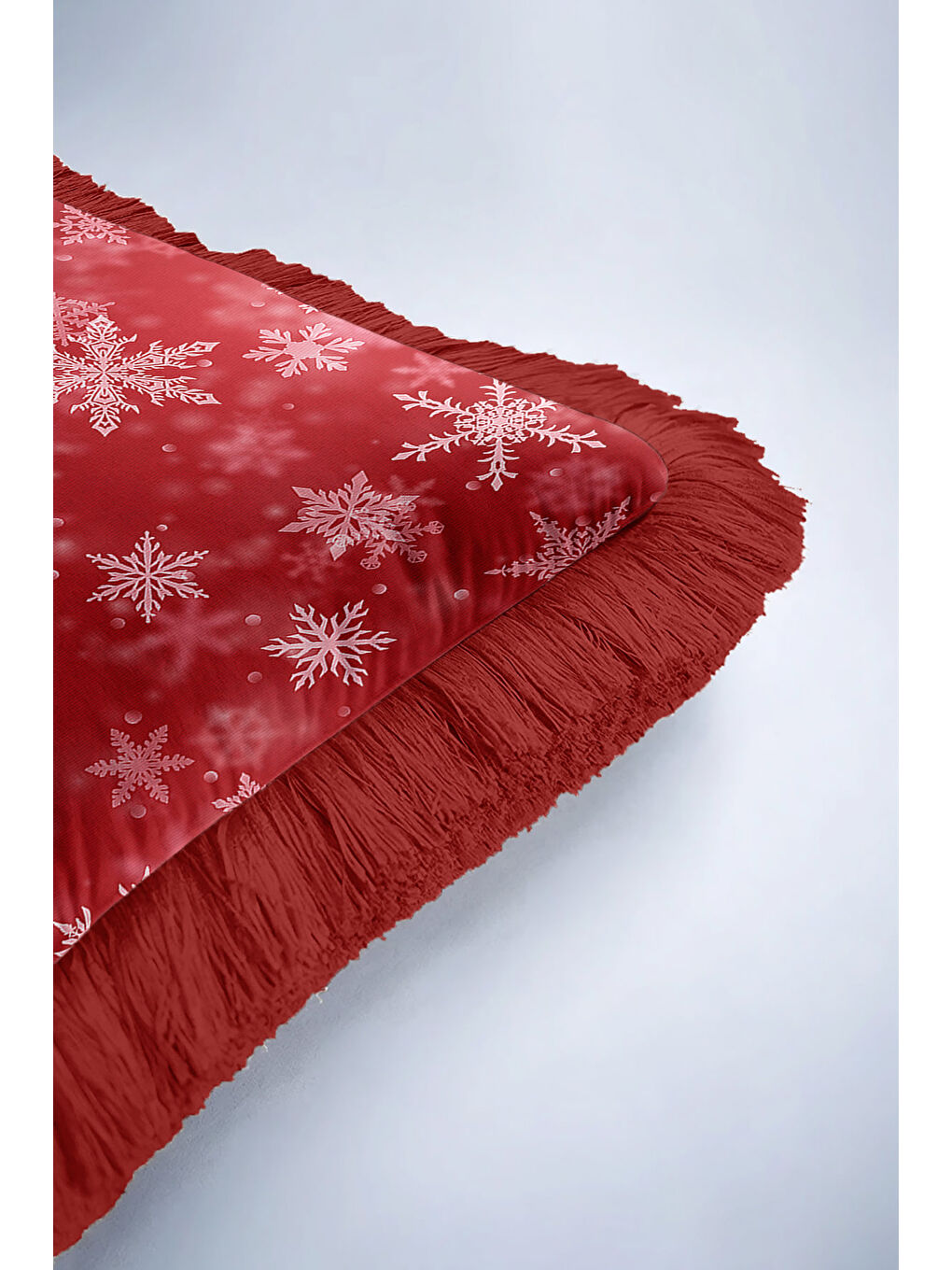 Karışık Lüks Kar Tanesi Saçaklı Yastık Kılıfı - Kış Temalı Modern Kırmızı Beyaz Püsküllü Kırlent Kılıfı-6