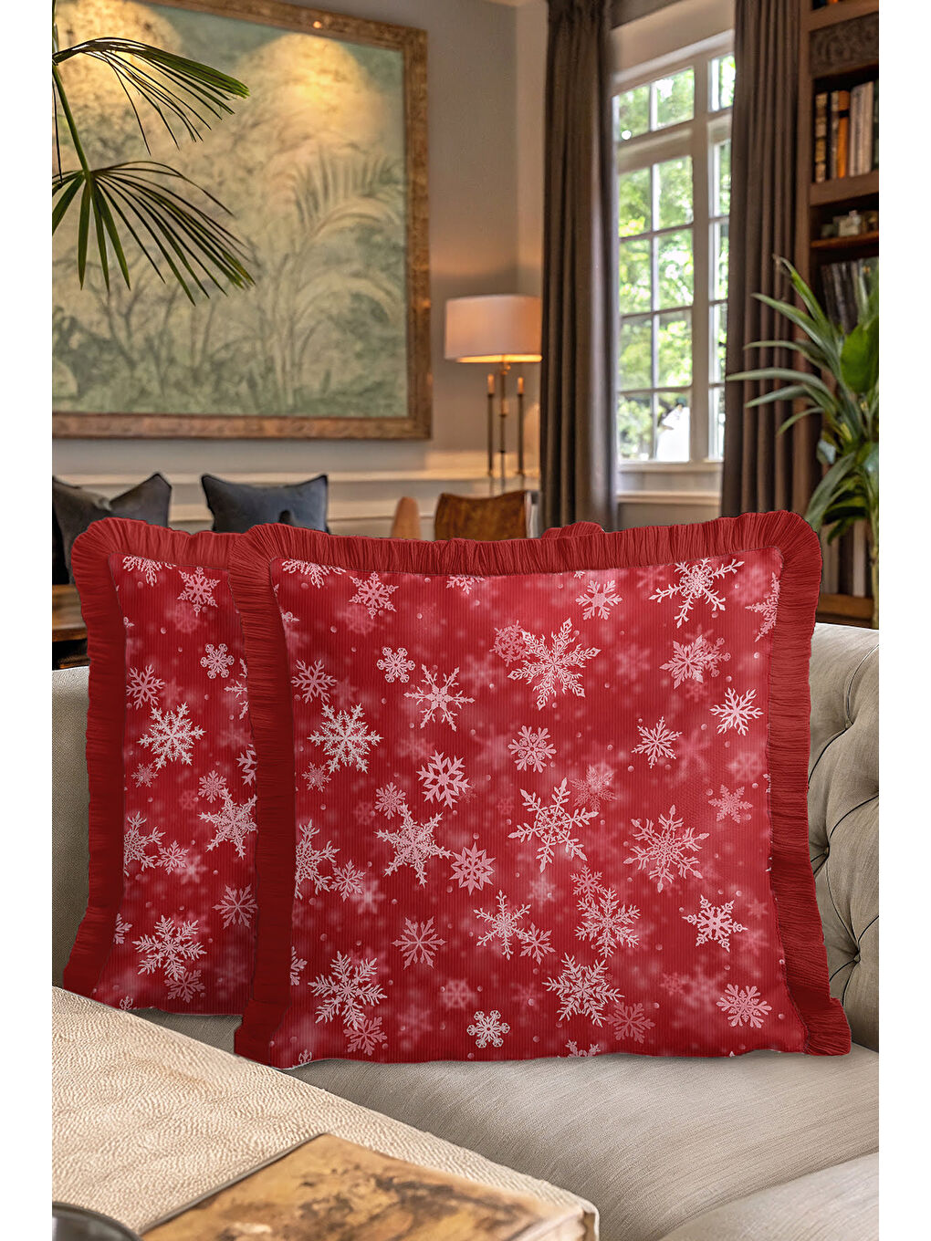 Karışık Lüks Kar Tanesi Saçaklı Yastık Kılıfı - Kış Temalı Modern Kırmızı Beyaz Püsküllü Kırlent Kılıfı-7