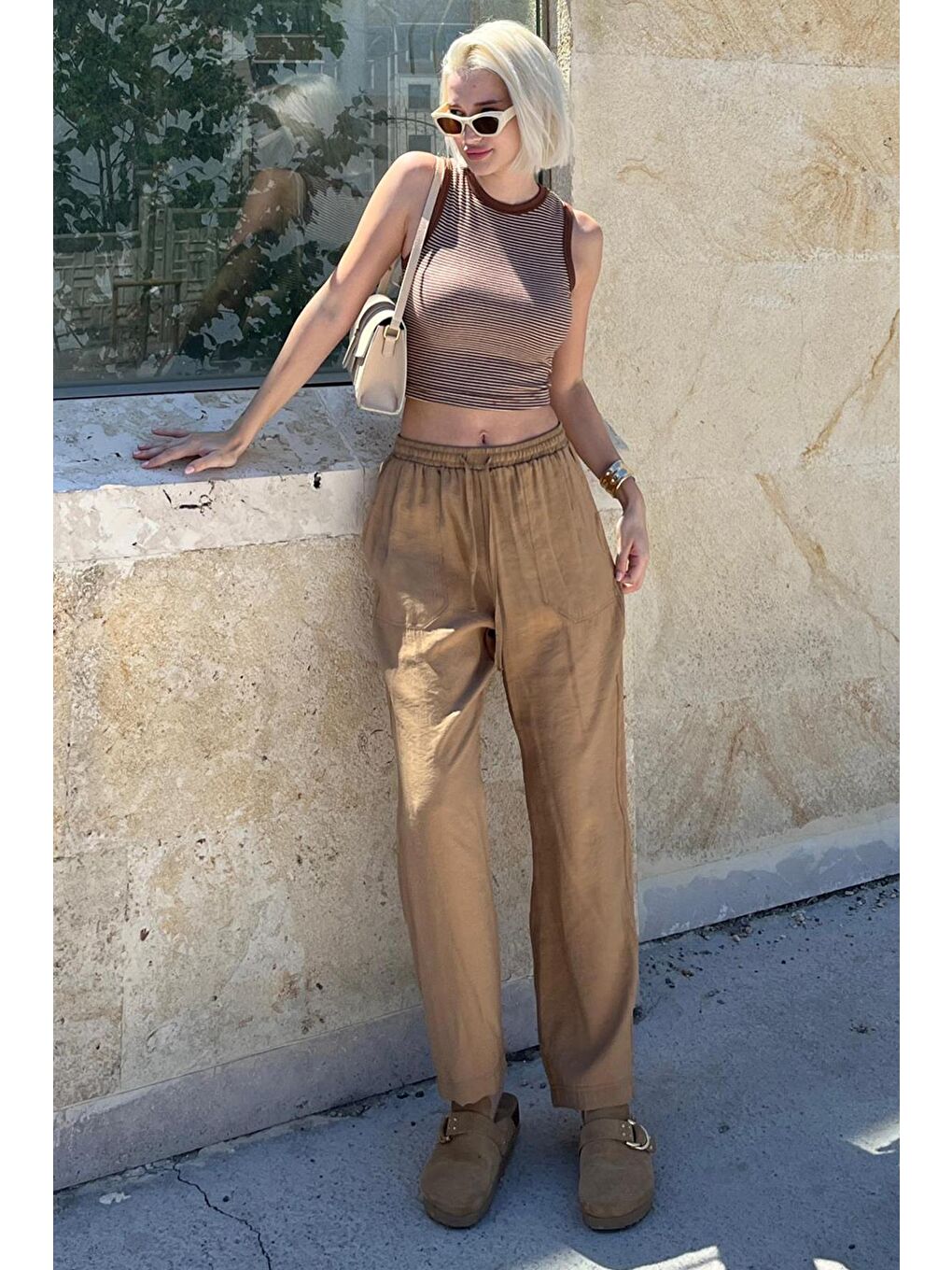 Kahverengi Camel Ayarlanabilir Bel Rahat Kesim Pantolon Mg2161-3