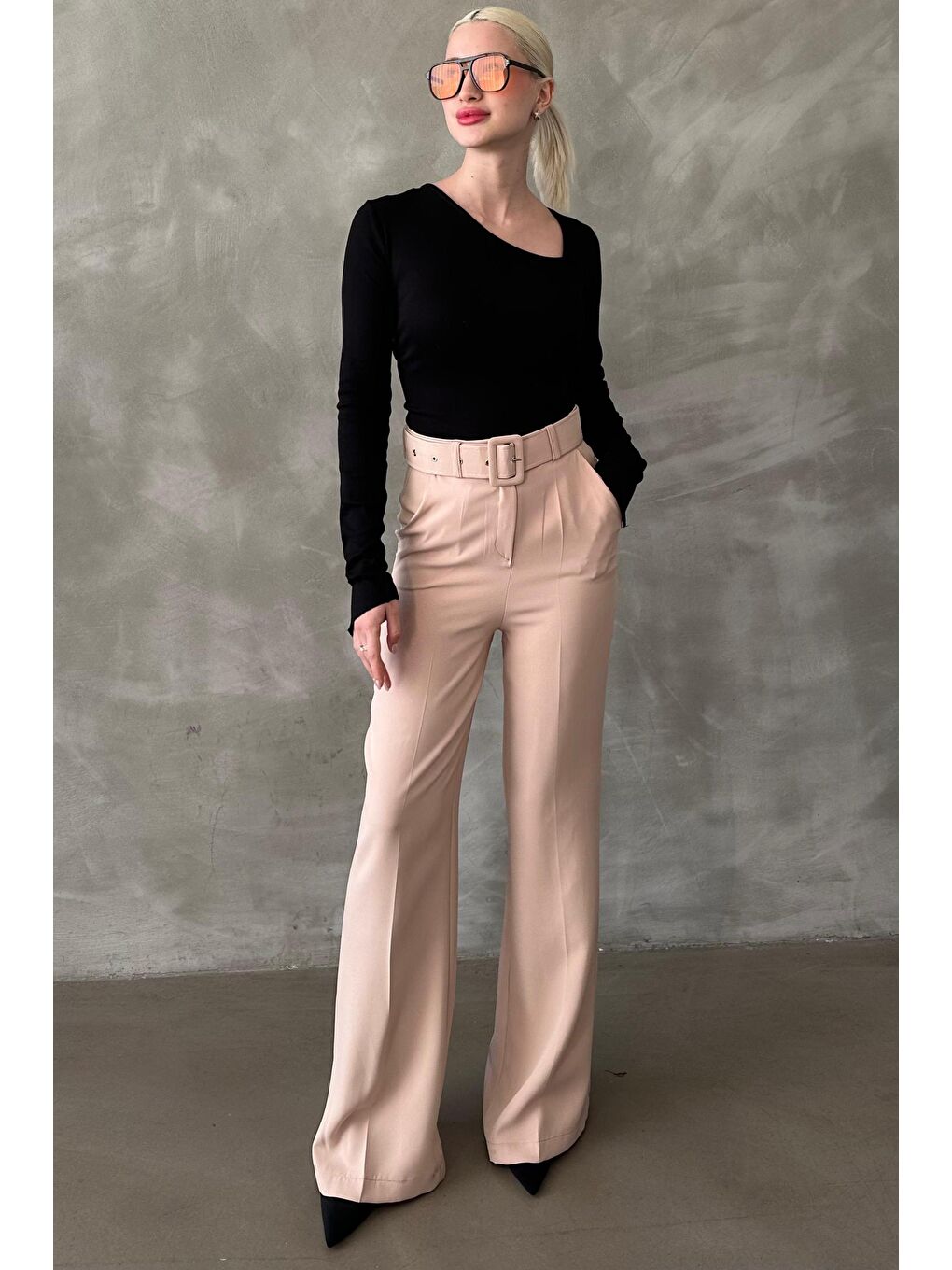 Bej İspanyol Paça Kadın Kumaş Pantolon Mg2303-3