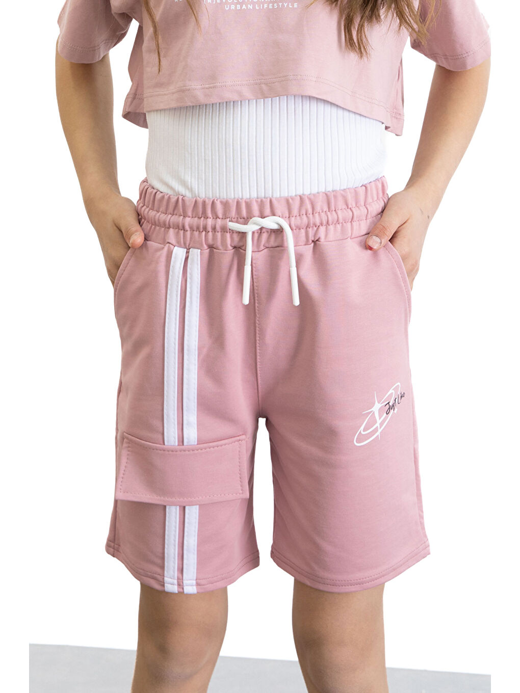 Pembe Gül Kurusu Beli Lastikli Şerit Detaylı Kız Çocuk Şort 20757-1