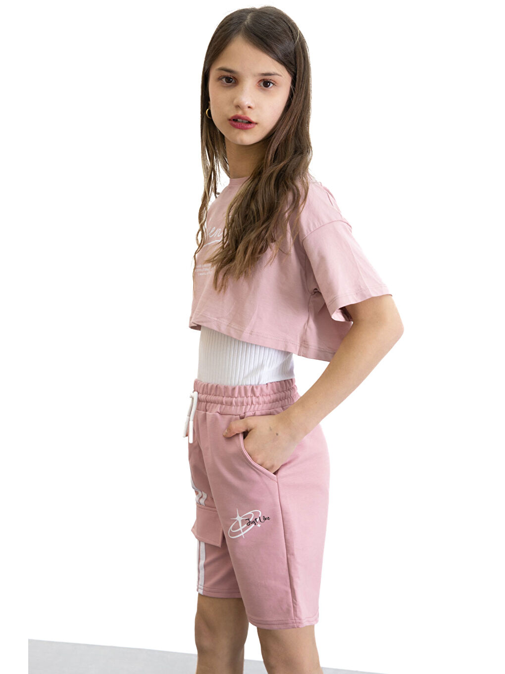 Pembe Gül Kurusu Beli Lastikli Şerit Detaylı Kız Çocuk Şort 20757-2