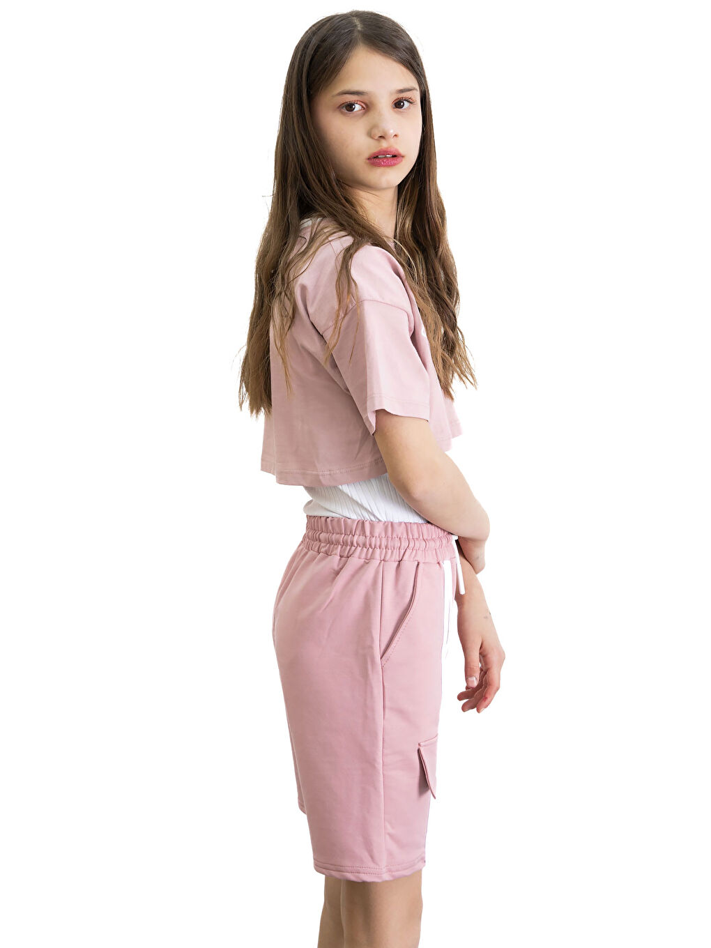 Pembe Gül Kurusu Beli Lastikli Şerit Detaylı Kız Çocuk Şort 20757-3