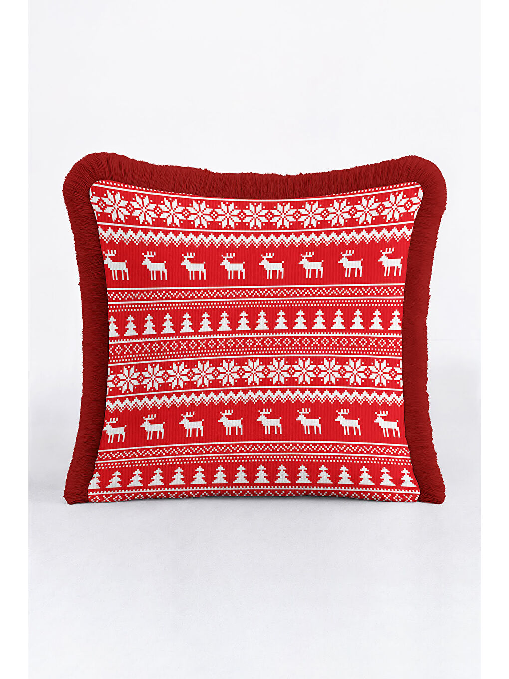 Karışık Nordik Noel Temalı Saçaklı Yastık Kılıfı - Kış Motifli Rustik Kırmızı Püsküllü Kırlent Kılıfı-1