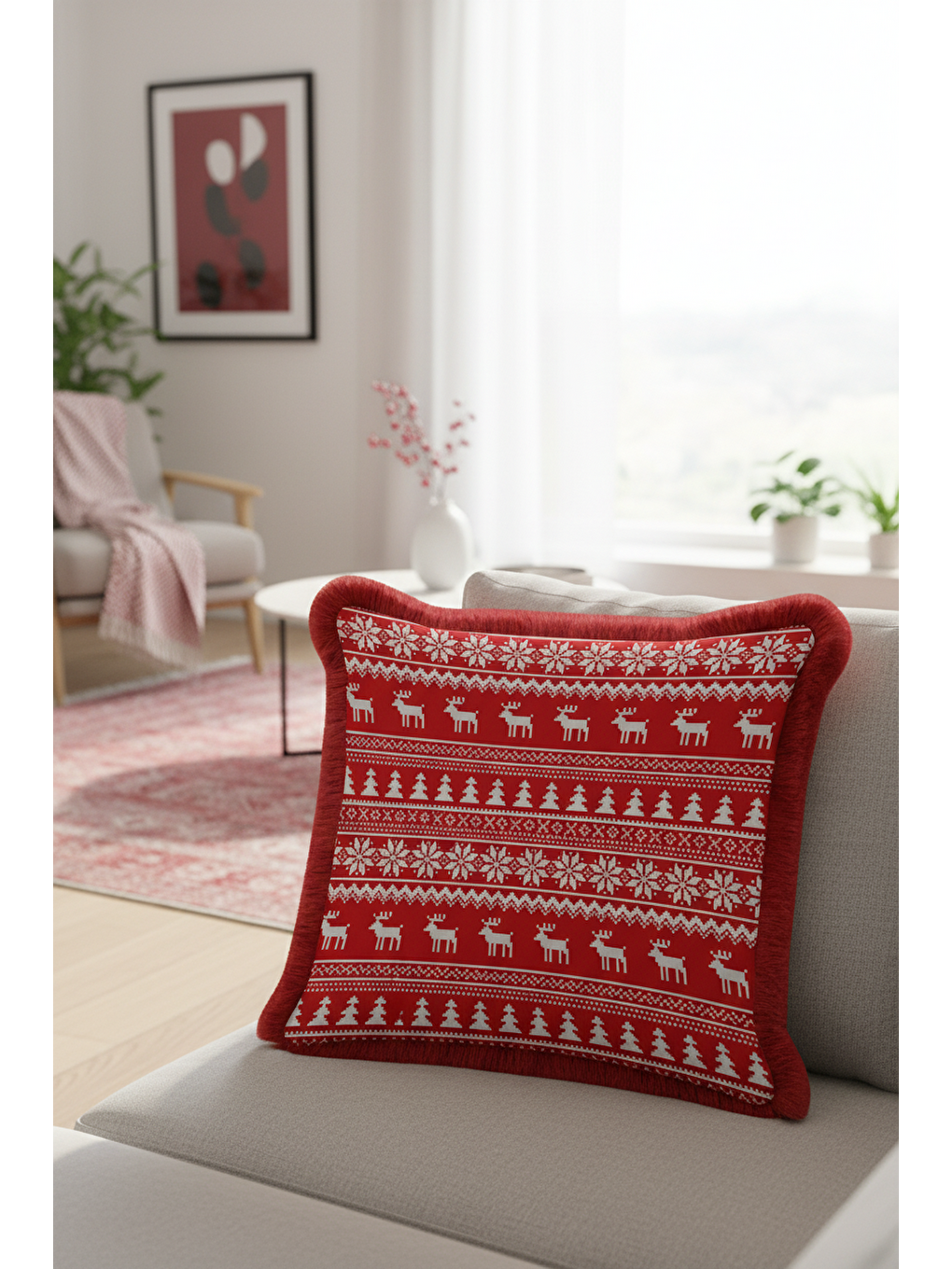 Karışık Nordik Noel Temalı Saçaklı Yastık Kılıfı - Kış Motifli Rustik Kırmızı Püsküllü Kırlent Kılıfı-2