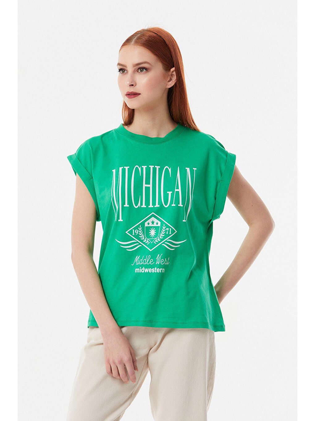 Yeşil Michigan Baskılı Bisiklet Yaka Tişört