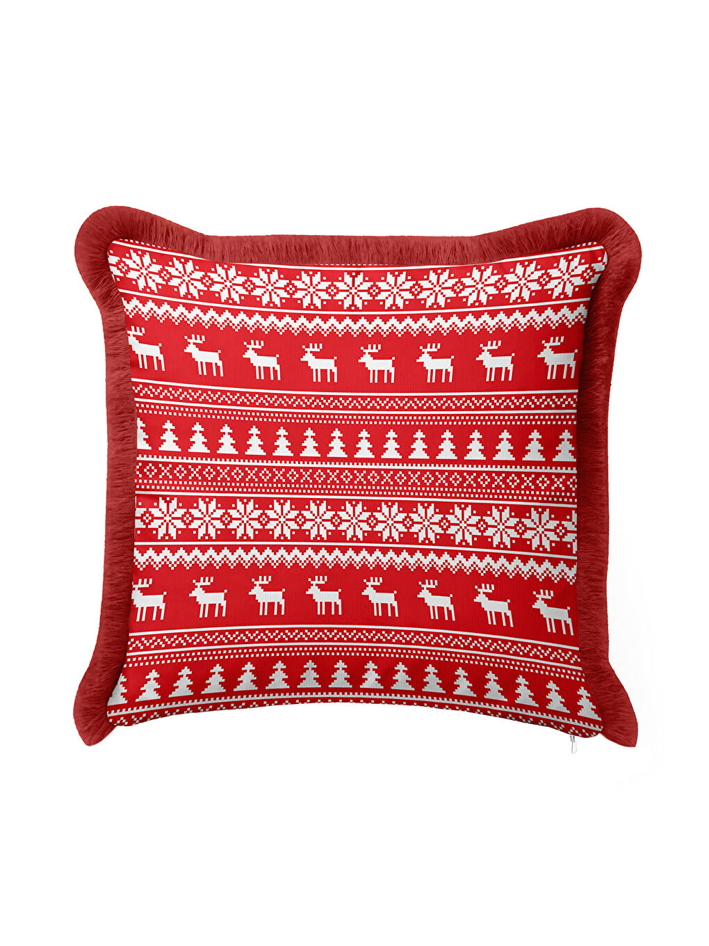 Karışık Nordik Noel Temalı Saçaklı Yastık Kılıfı - Kış Motifli Rustik Kırmızı Püsküllü Kırlent Kılıfı-3