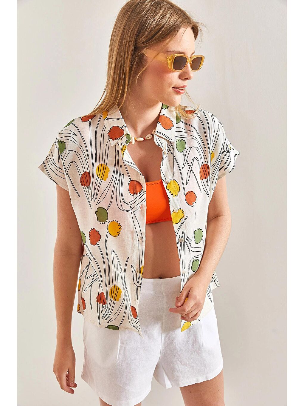 Karışık Kadın Multi Desenli Yarasa Kol Keten Gömlek