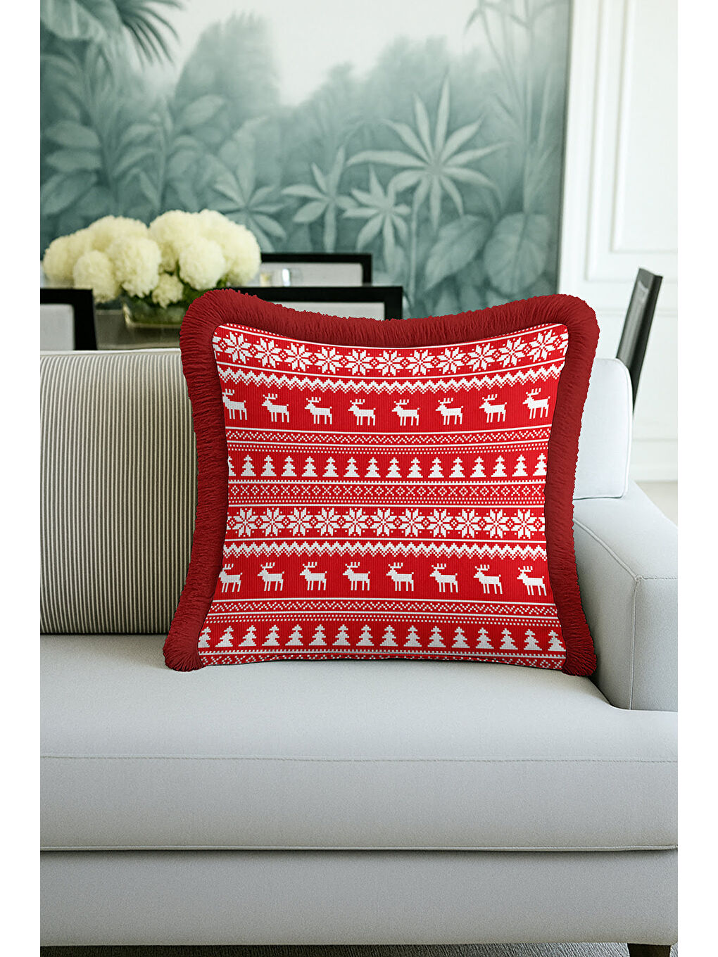 Karışık Nordik Noel Temalı Saçaklı Yastık Kılıfı - Kış Motifli Rustik Kırmızı Püsküllü Kırlent Kılıfı-4