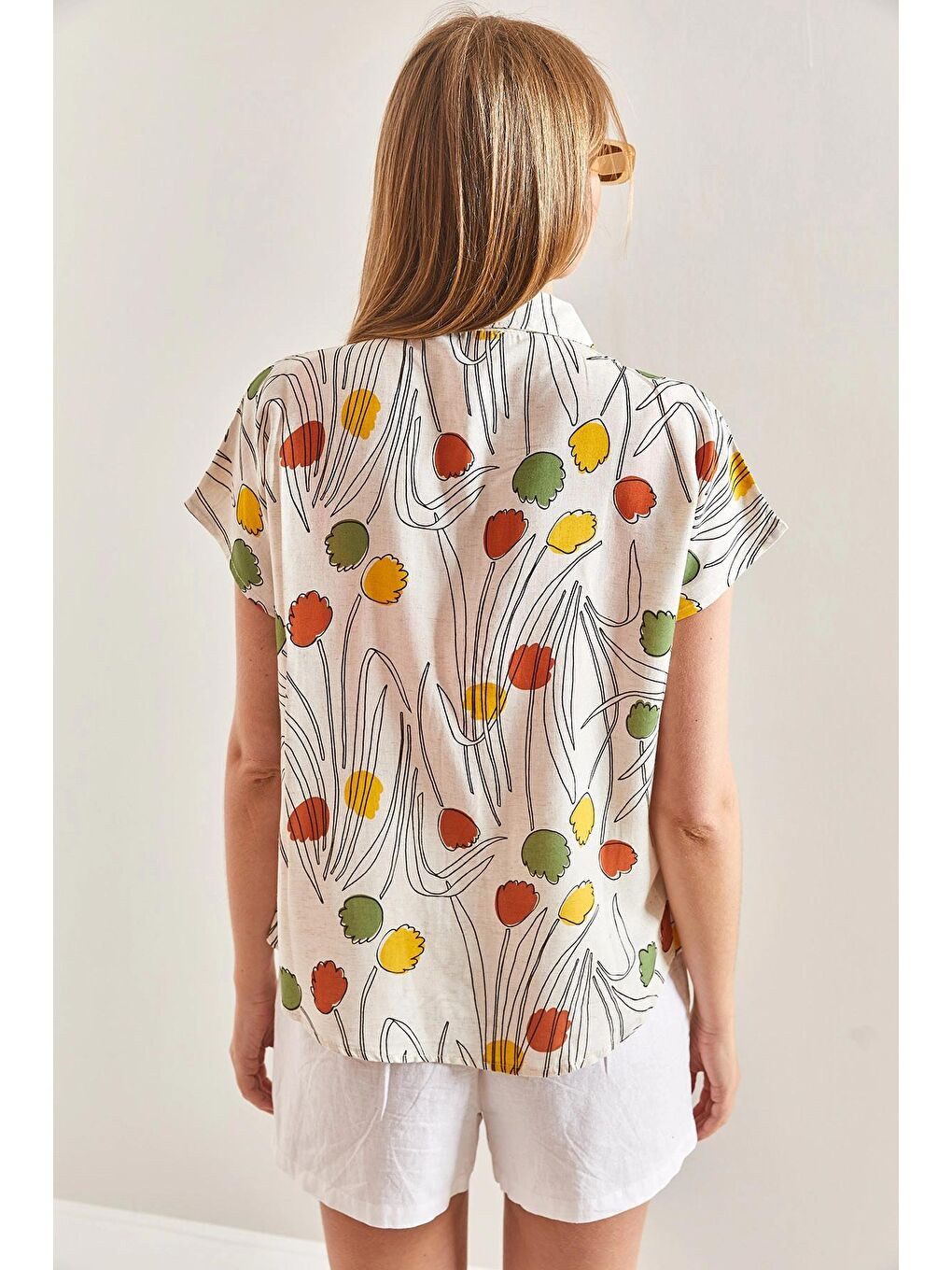 Karışık Kadın Multi Desenli Yarasa Kol Keten Gömlek-1