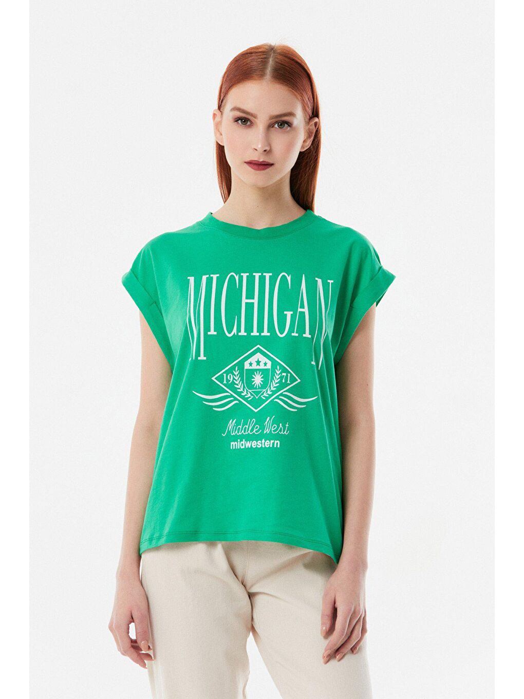 Yeşil Michigan Baskılı Bisiklet Yaka Tişört-1