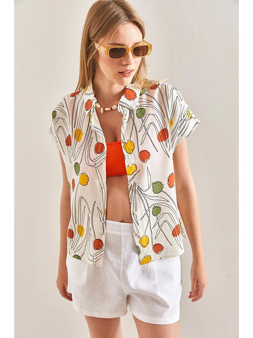 Karışık Kadın Multi Desenli Yarasa Kol Keten Gömlek-2