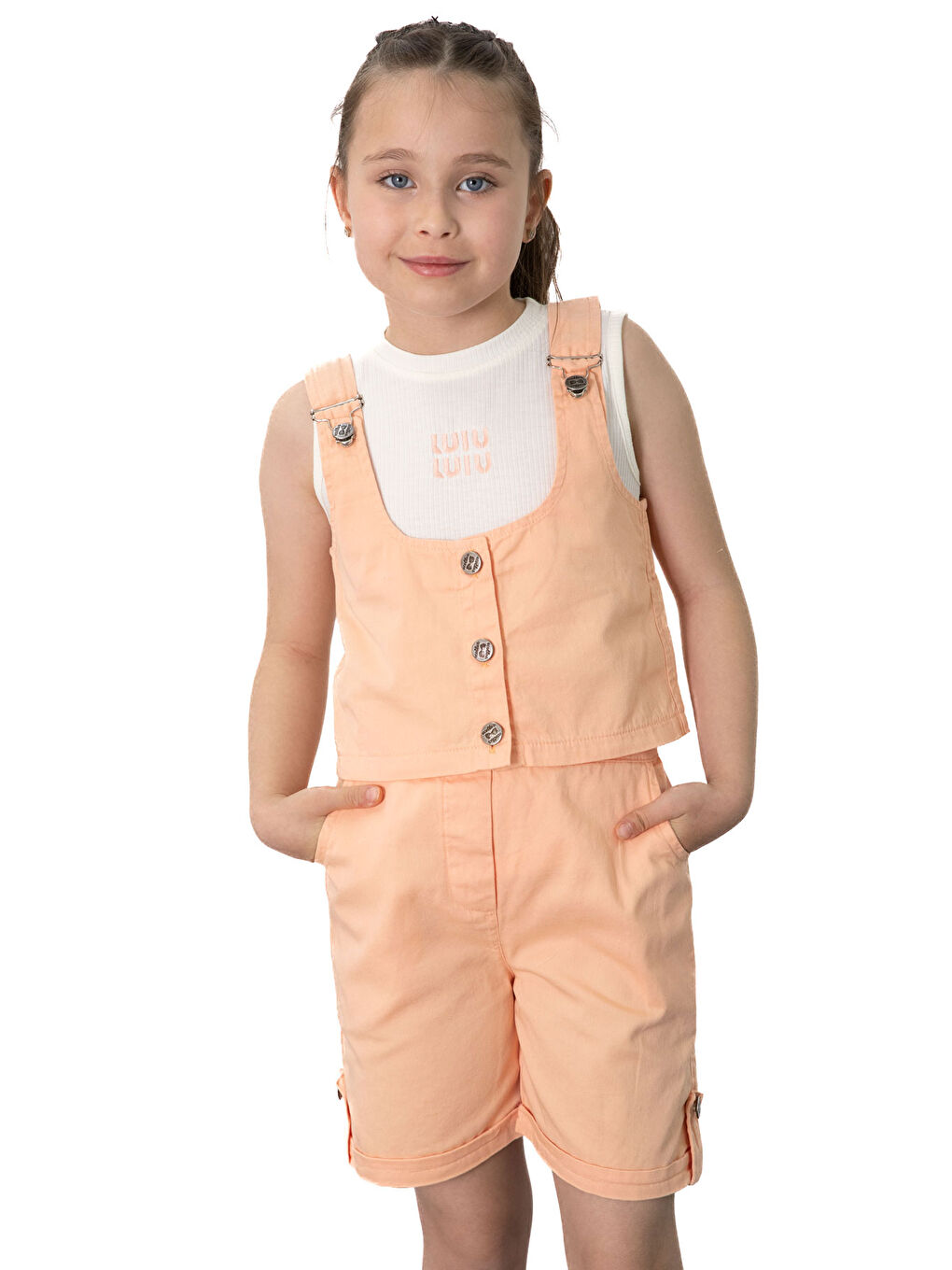 Turuncu Sıfır Kol Badili Düğmeli Yelekli Kız Çocuk 3lü Şortlu Takım 21034-1