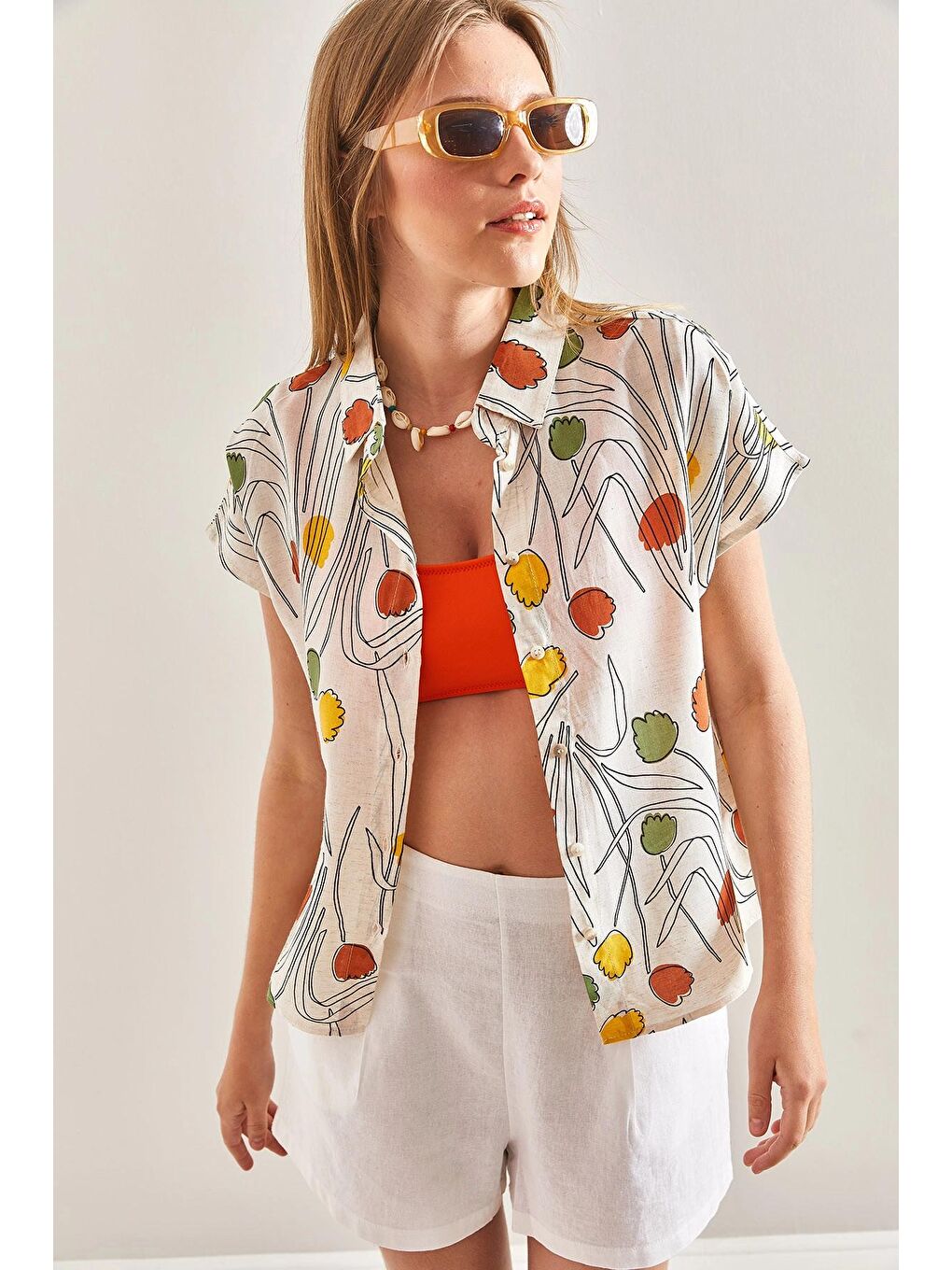 Karışık Kadın Multi Desenli Yarasa Kol Keten Gömlek-3