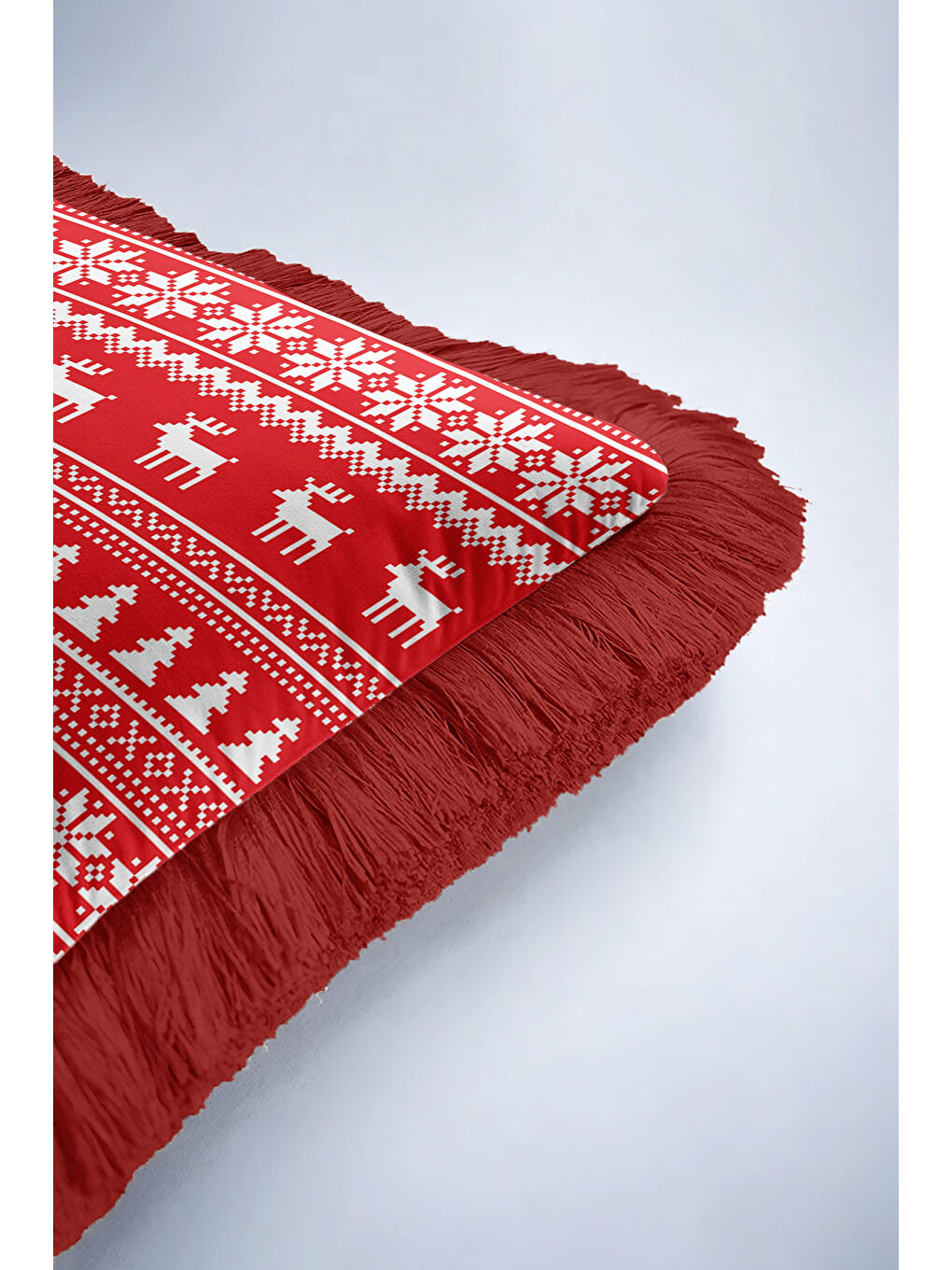 Karışık Nordik Noel Temalı Saçaklı Yastık Kılıfı - Kış Motifli Rustik Kırmızı Püsküllü Kırlent Kılıfı-6