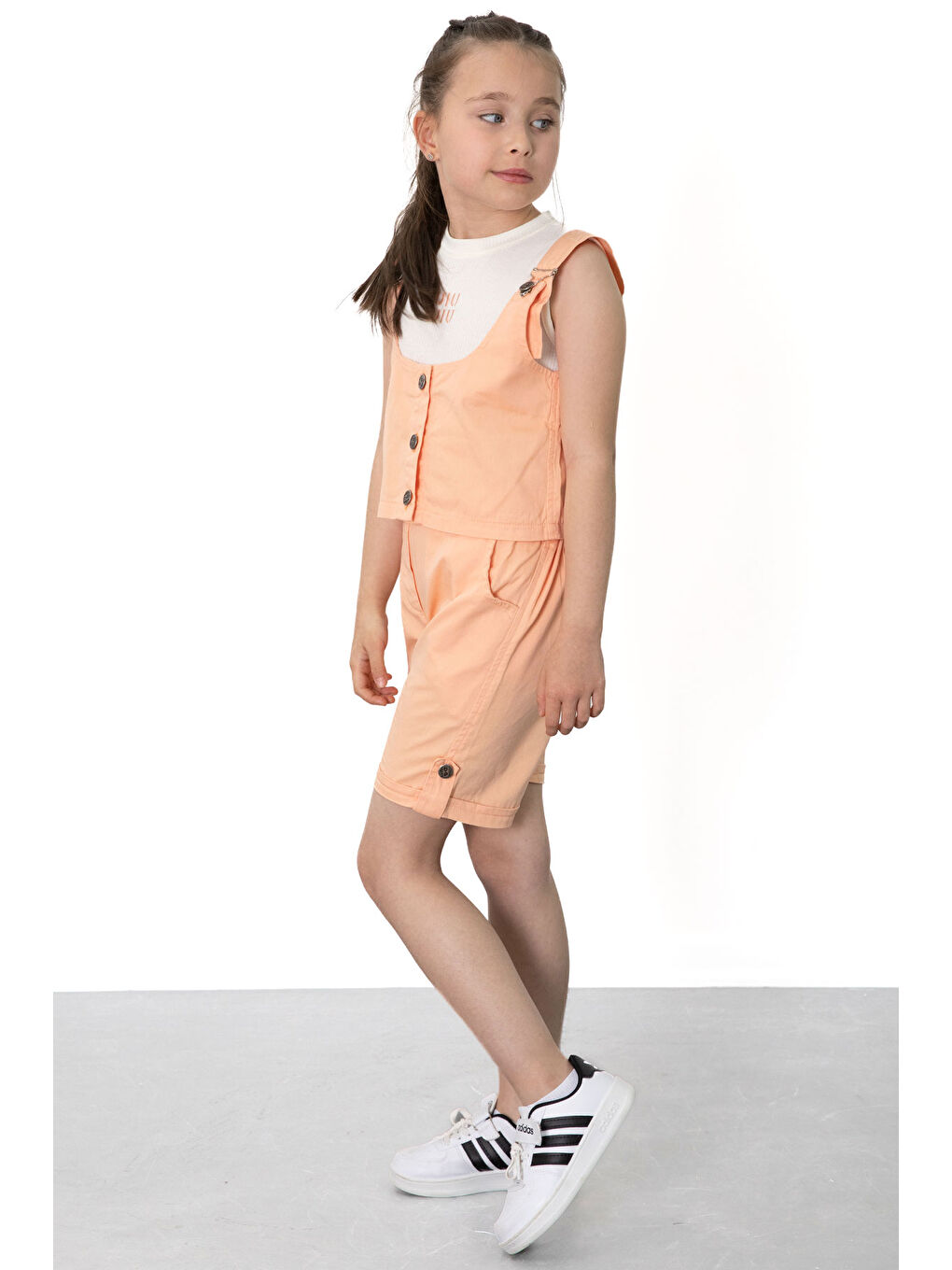 Turuncu Sıfır Kol Badili Düğmeli Yelekli Kız Çocuk 3lü Şortlu Takım 21034-2