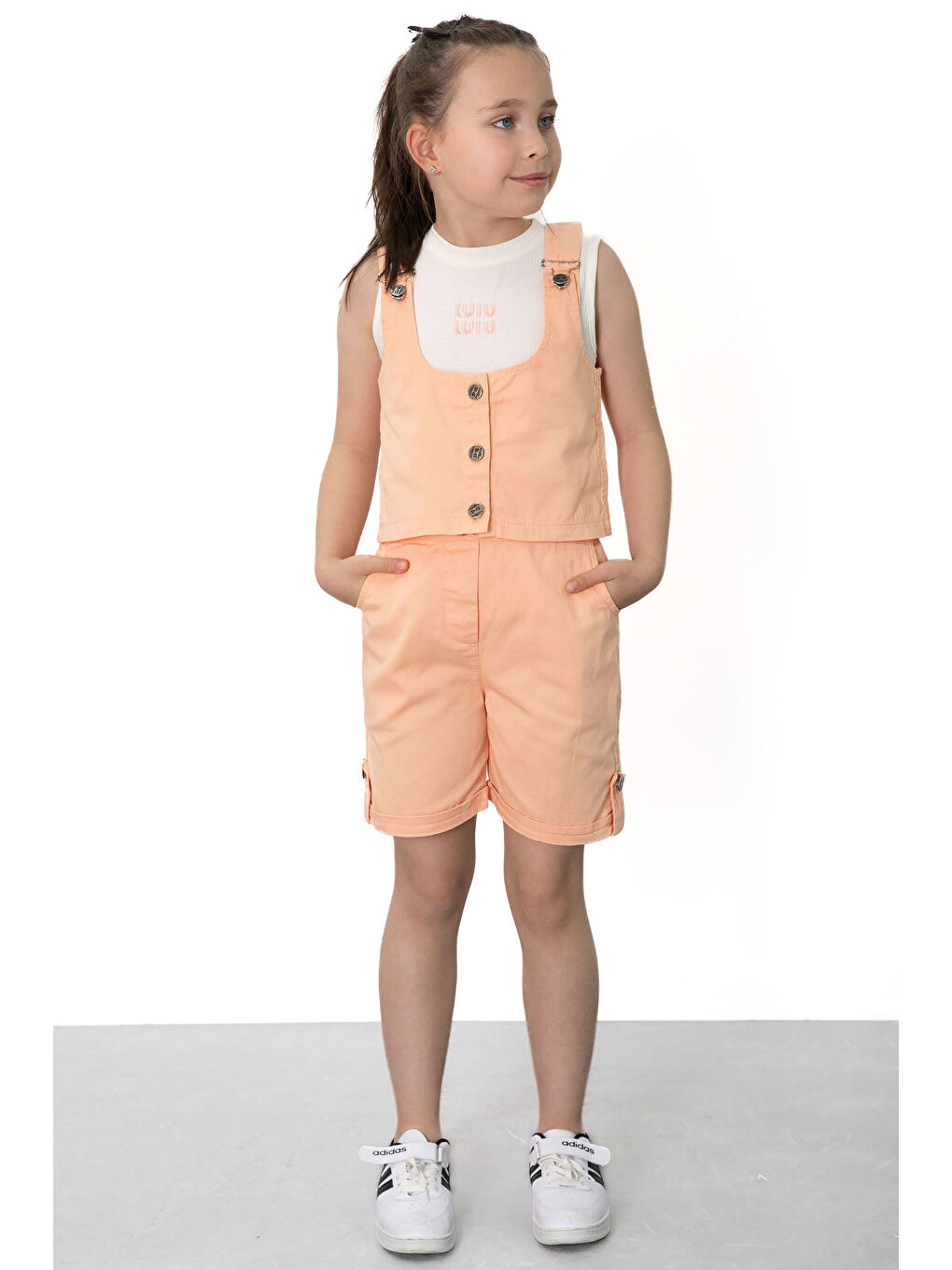 Turuncu Sıfır Kol Badili Düğmeli Yelekli Kız Çocuk 3lü Şortlu Takım 21034-3