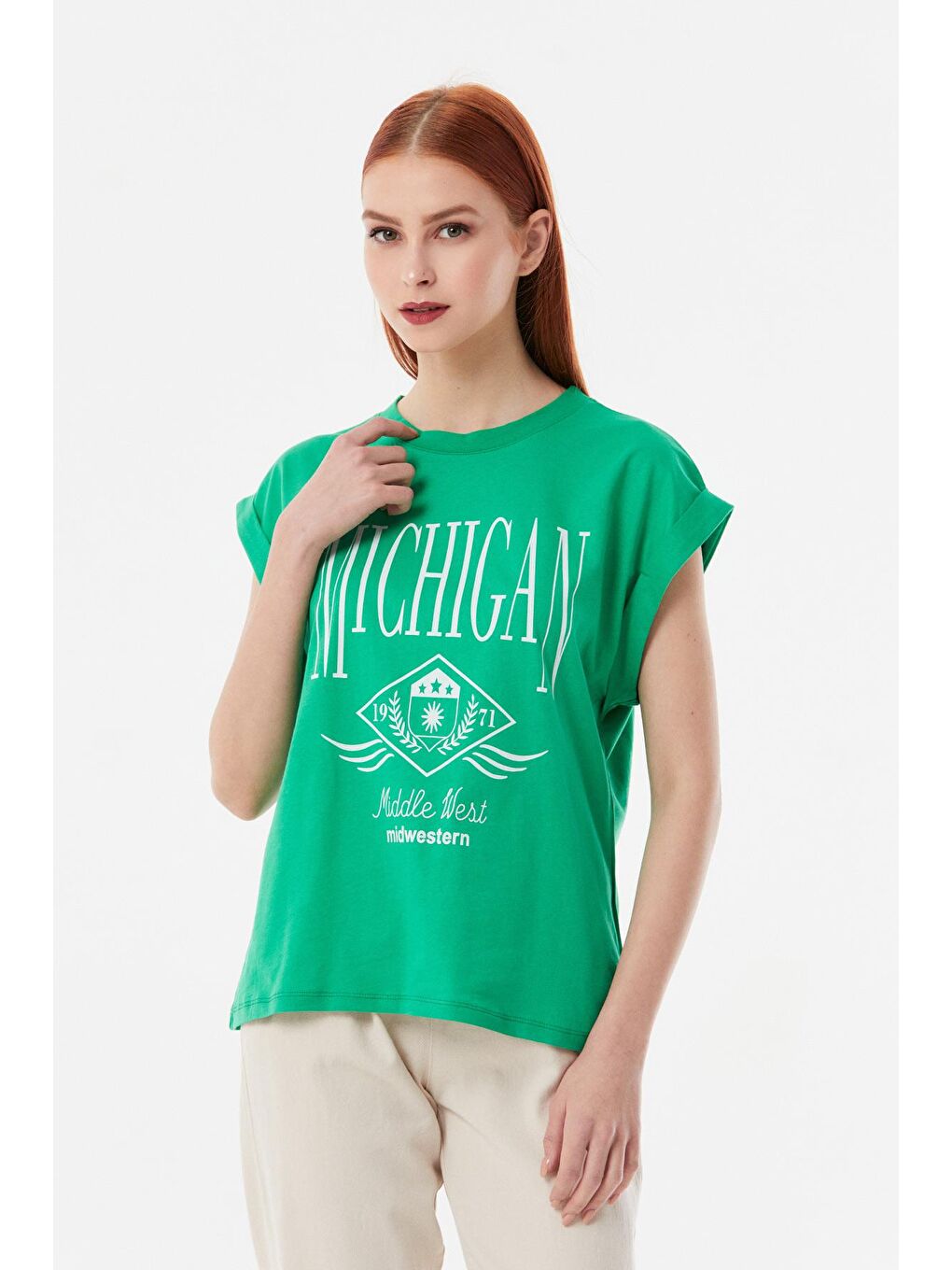 Yeşil Michigan Baskılı Bisiklet Yaka Tişört-2