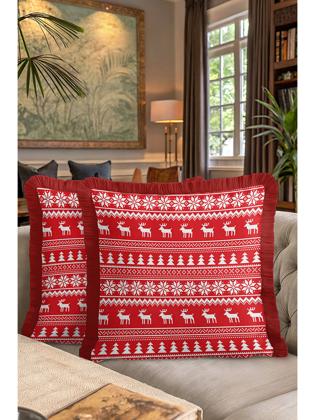 Karışık Nordik Noel Temalı Saçaklı Yastık Kılıfı - Kış Motifli Rustik Kırmızı Püsküllü Kırlent Kılıfı-7
