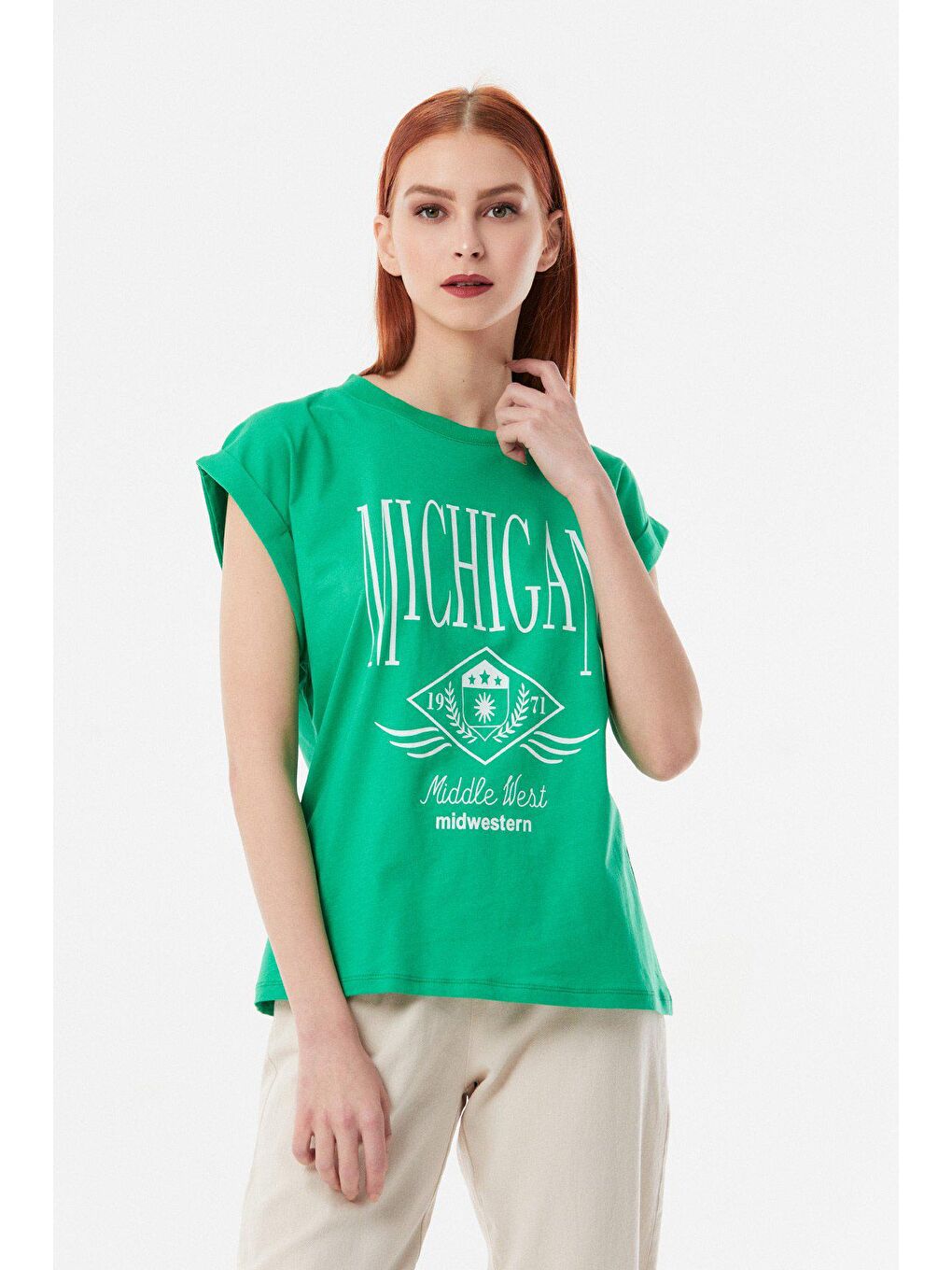 Yeşil Michigan Baskılı Bisiklet Yaka Tişört-4