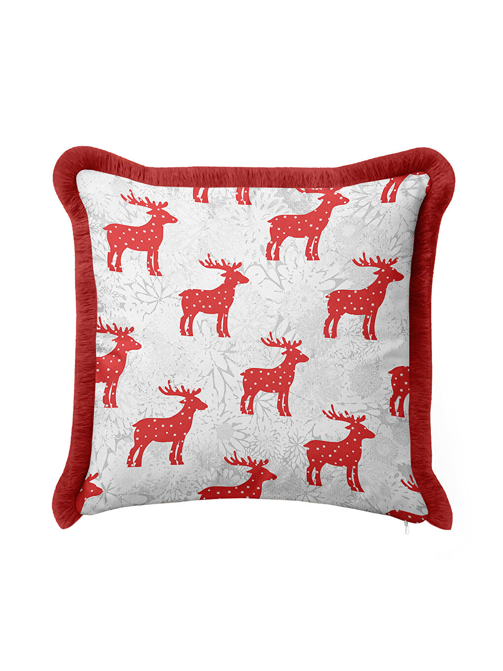 Karışık Göz Alıcı Kırmızı Geyikli Saçaklı Yastık Kılıfı - Nordik Kış Temalı Rustik Püsküllü Kırlent Kılıfı-2