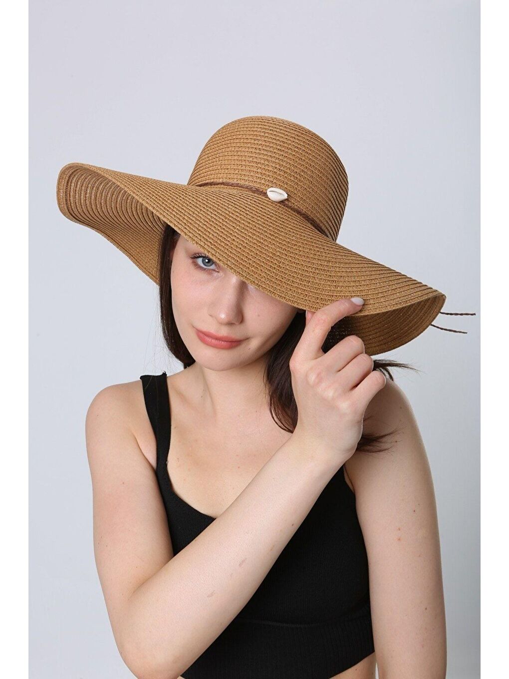 Kahverengi Kadın Hasır Camel Deniz Kabuklu Şapka Hsr2064 Kutulu Gönderim-2