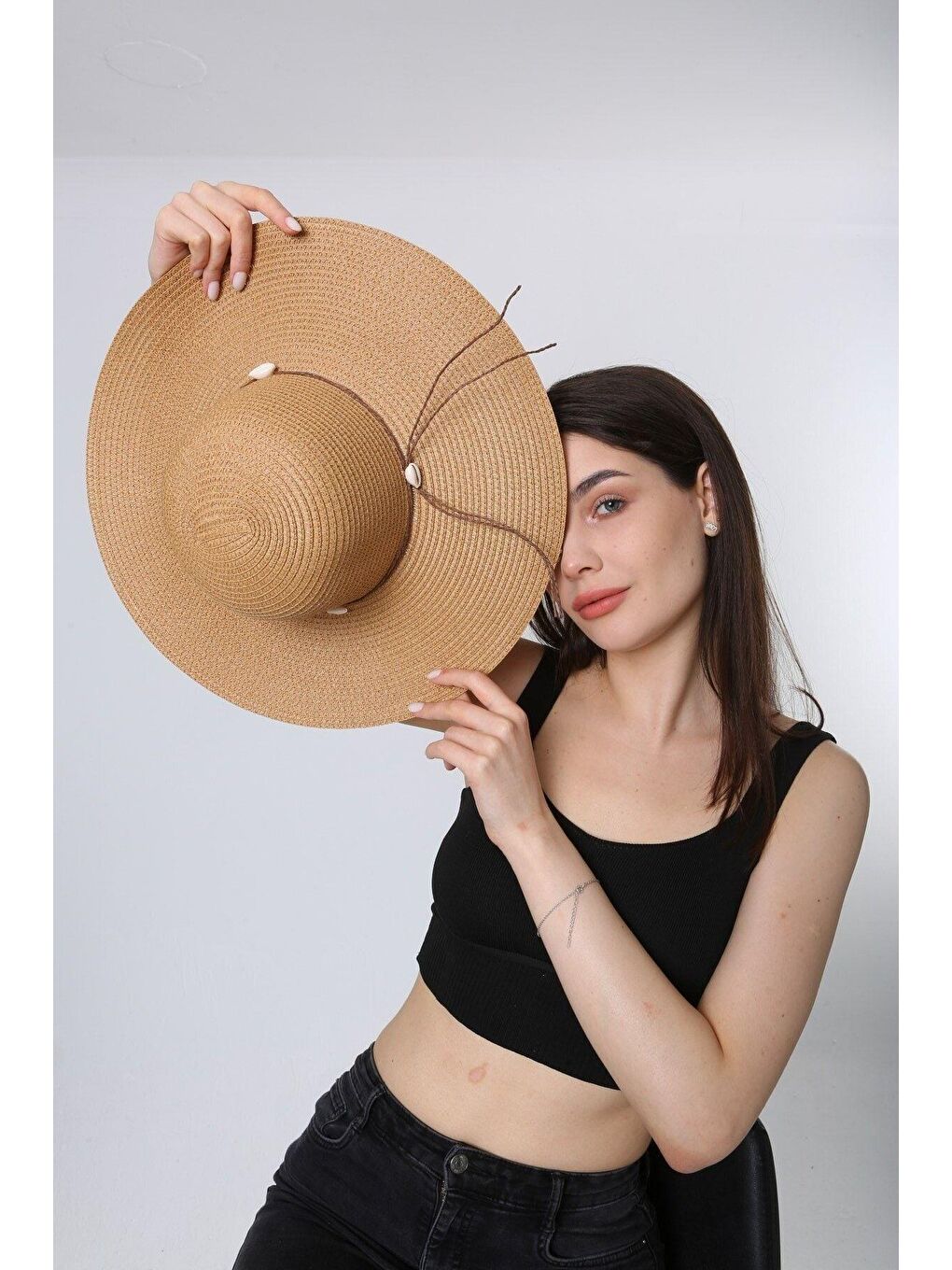 Kahverengi Kadın Hasır Camel Deniz Kabuklu Şapka Hsr2064 Kutulu Gönderim-3