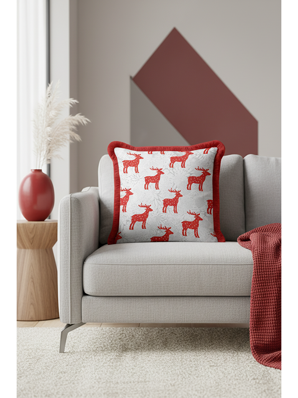 Karışık Göz Alıcı Kırmızı Geyikli Saçaklı Yastık Kılıfı - Nordik Kış Temalı Rustik Püsküllü Kırlent Kılıfı-3