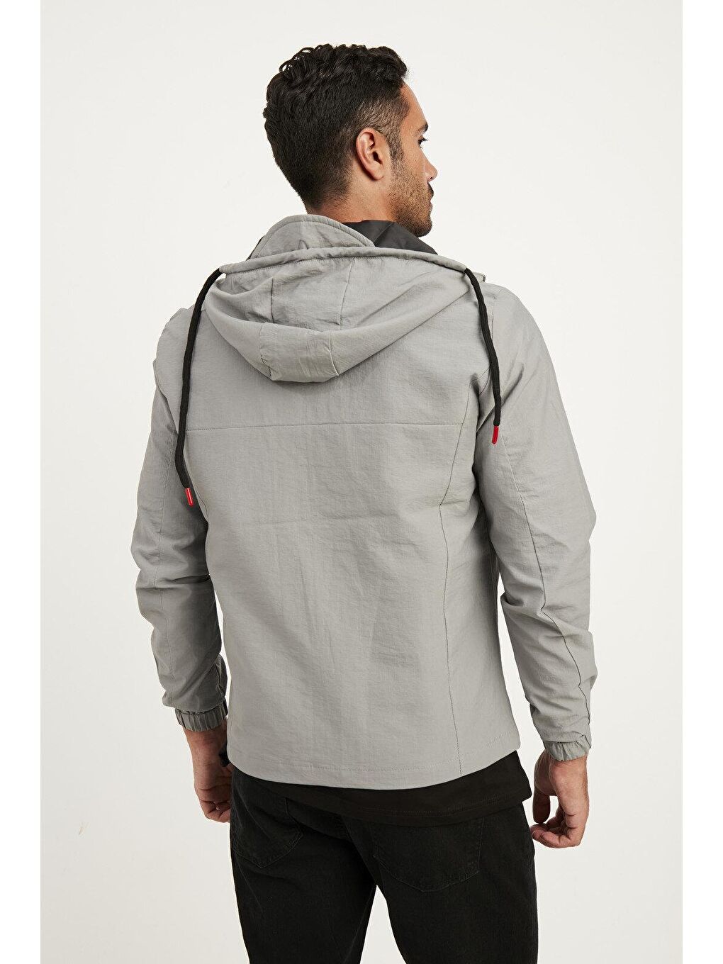 Gri Standart Kalıp Kapüşonlu İnce Erkek Yağmurluk-1