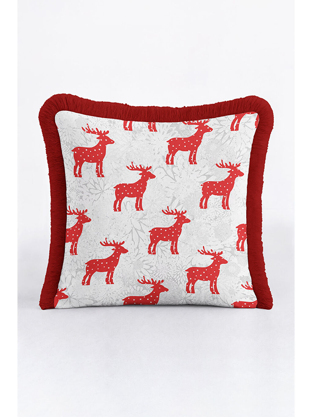 Karışık Göz Alıcı Kırmızı Geyikli Saçaklı Yastık Kılıfı - Nordik Kış Temalı Rustik Püsküllü Kırlent Kılıfı-4