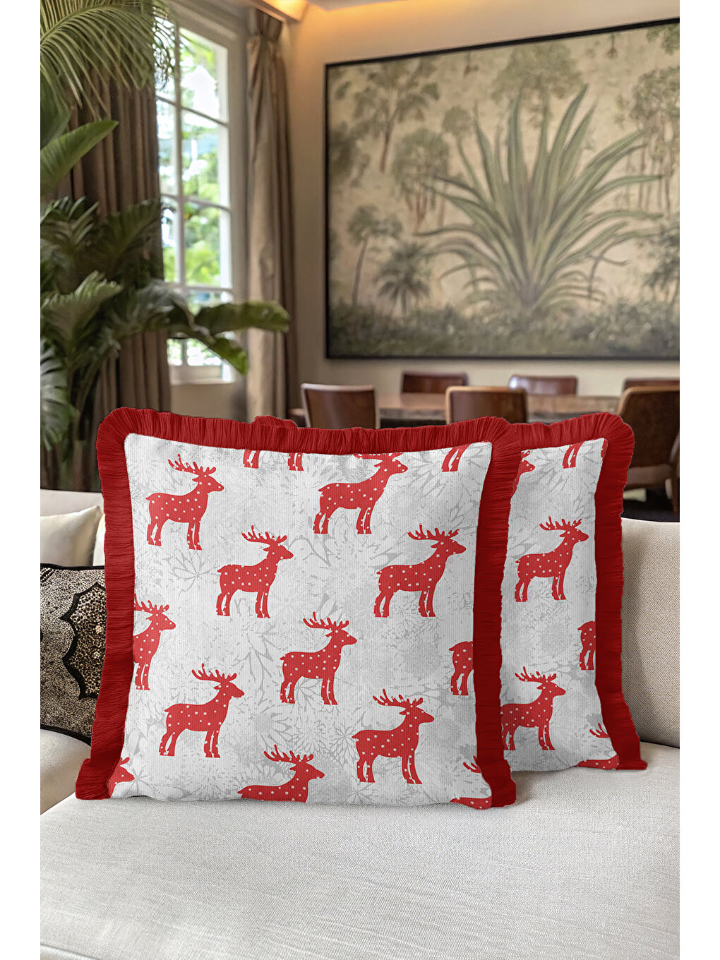 Karışık Göz Alıcı Kırmızı Geyikli Saçaklı Yastık Kılıfı - Nordik Kış Temalı Rustik Püsküllü Kırlent Kılıfı-5