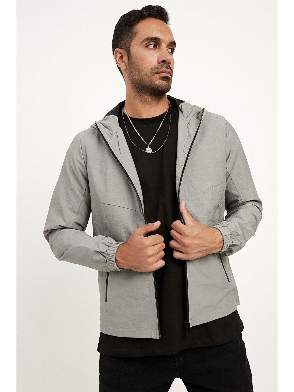 Gri Standart Kalıp Kapüşonlu İnce Erkek Yağmurluk-2