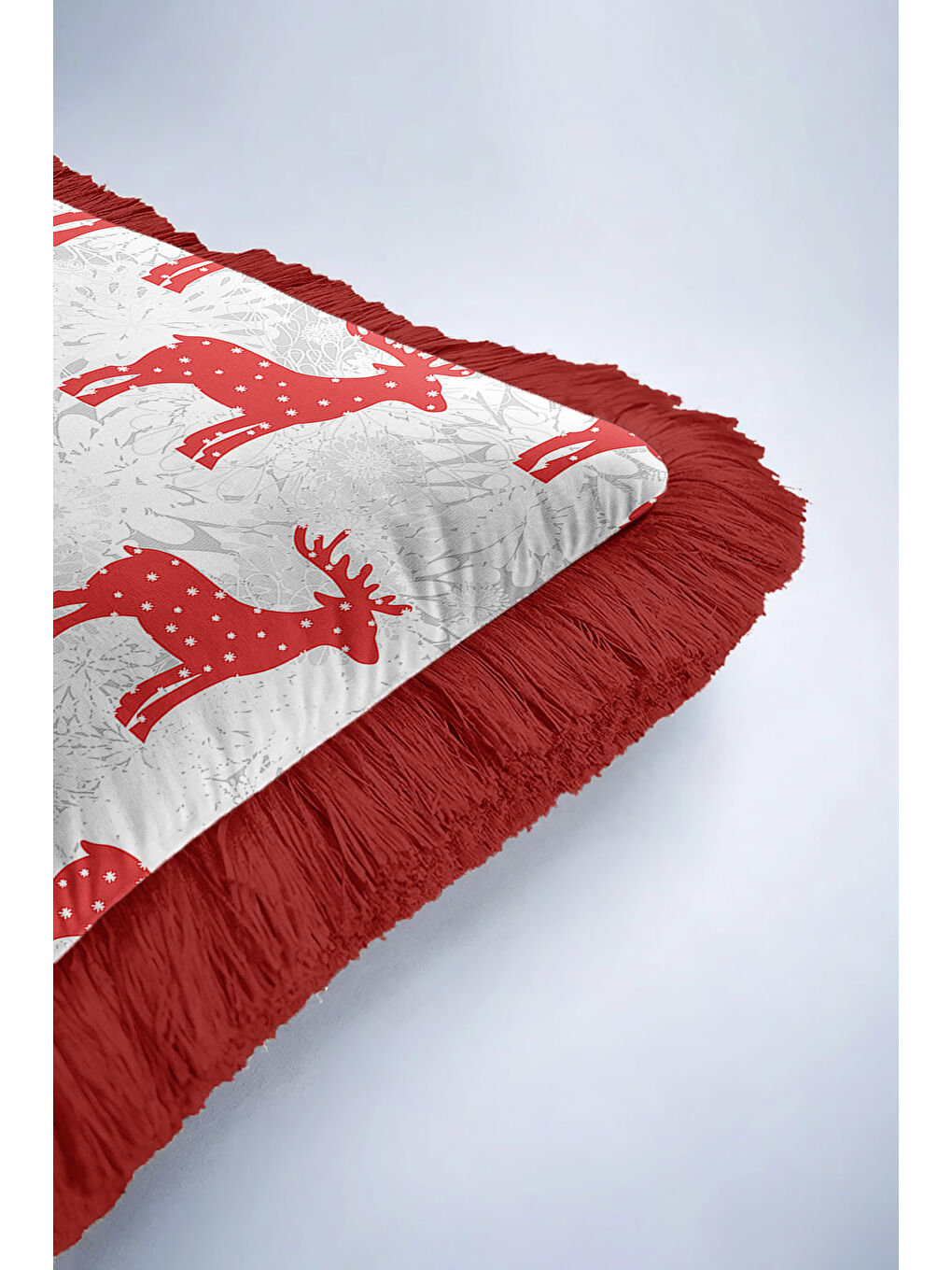 Karışık Göz Alıcı Kırmızı Geyikli Saçaklı Yastık Kılıfı - Nordik Kış Temalı Rustik Püsküllü Kırlent Kılıfı-6