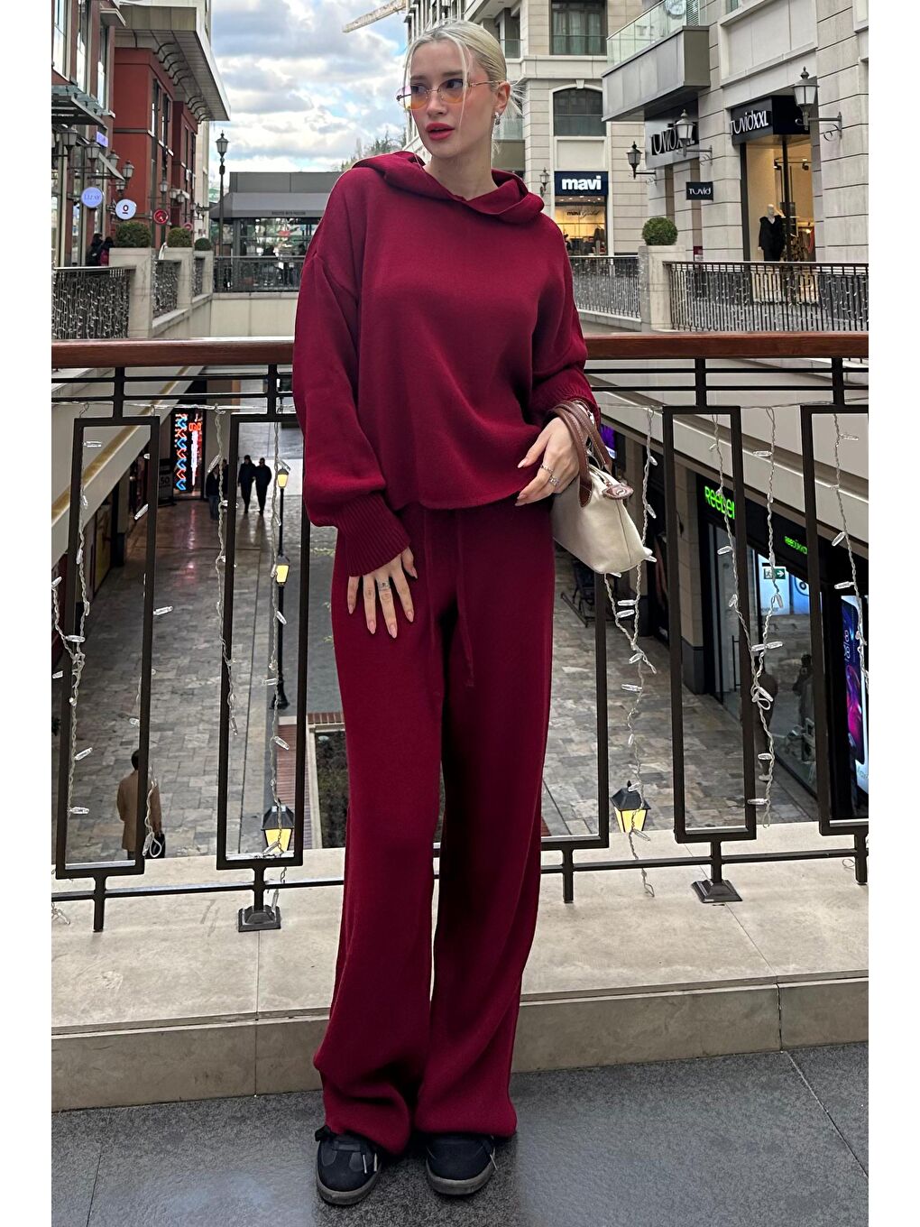 Bordo Kapüşonlu Triko Kadın Eşofman Takımı Mg2237-1