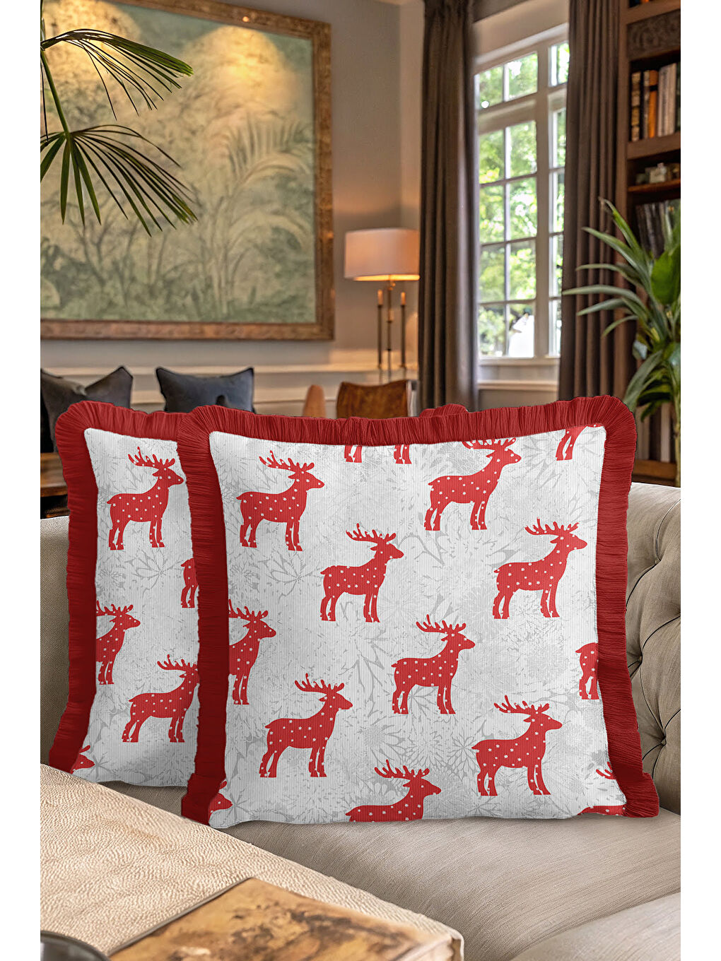 Karışık Göz Alıcı Kırmızı Geyikli Saçaklı Yastık Kılıfı - Nordik Kış Temalı Rustik Püsküllü Kırlent Kılıfı-7