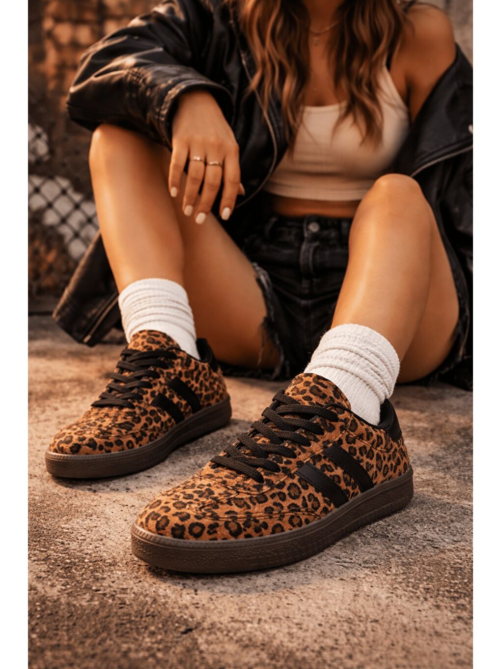 Sarı LEOPARD Kadın Ortopedik Günlük Bağcıklı Yürüyüş Leopar Desenli Sneaker Spor Ayakkabı