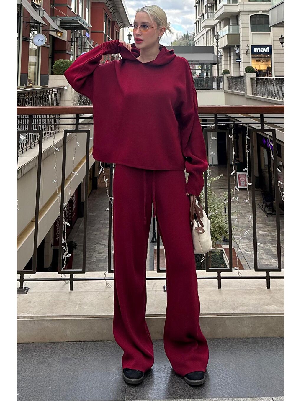 Bordo Kapüşonlu Triko Kadın Eşofman Takımı Mg2237-3
