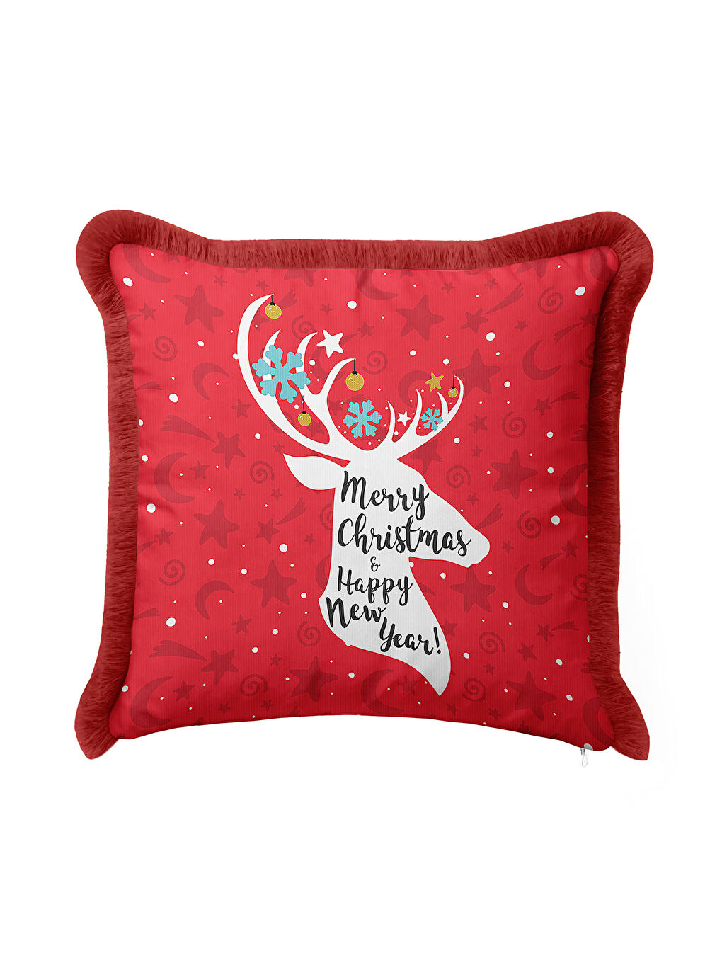 Karışık Yılbaşı Tema Kırmızı Saçaklı Yastık Kılıfı - Ren Geyiği Motifi Kırmızı Beyaz Püsküllü Kırlent Kılıfı-1