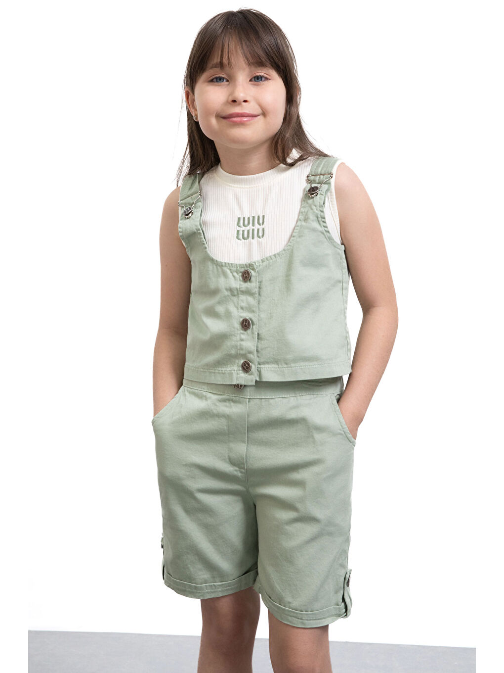 Haki Sıfır Kol Badili Düğmeli Yelekli Kız Çocuk 3lü Şortlu Takım 21035-1
