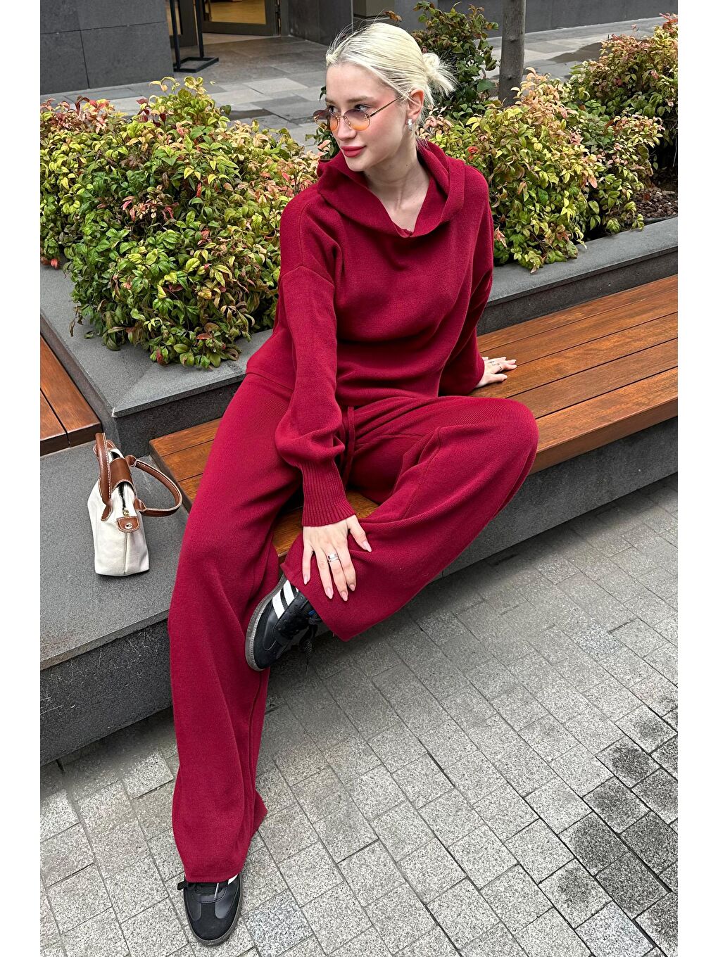 Bordo Kapüşonlu Triko Kadın Eşofman Takımı Mg2237-4