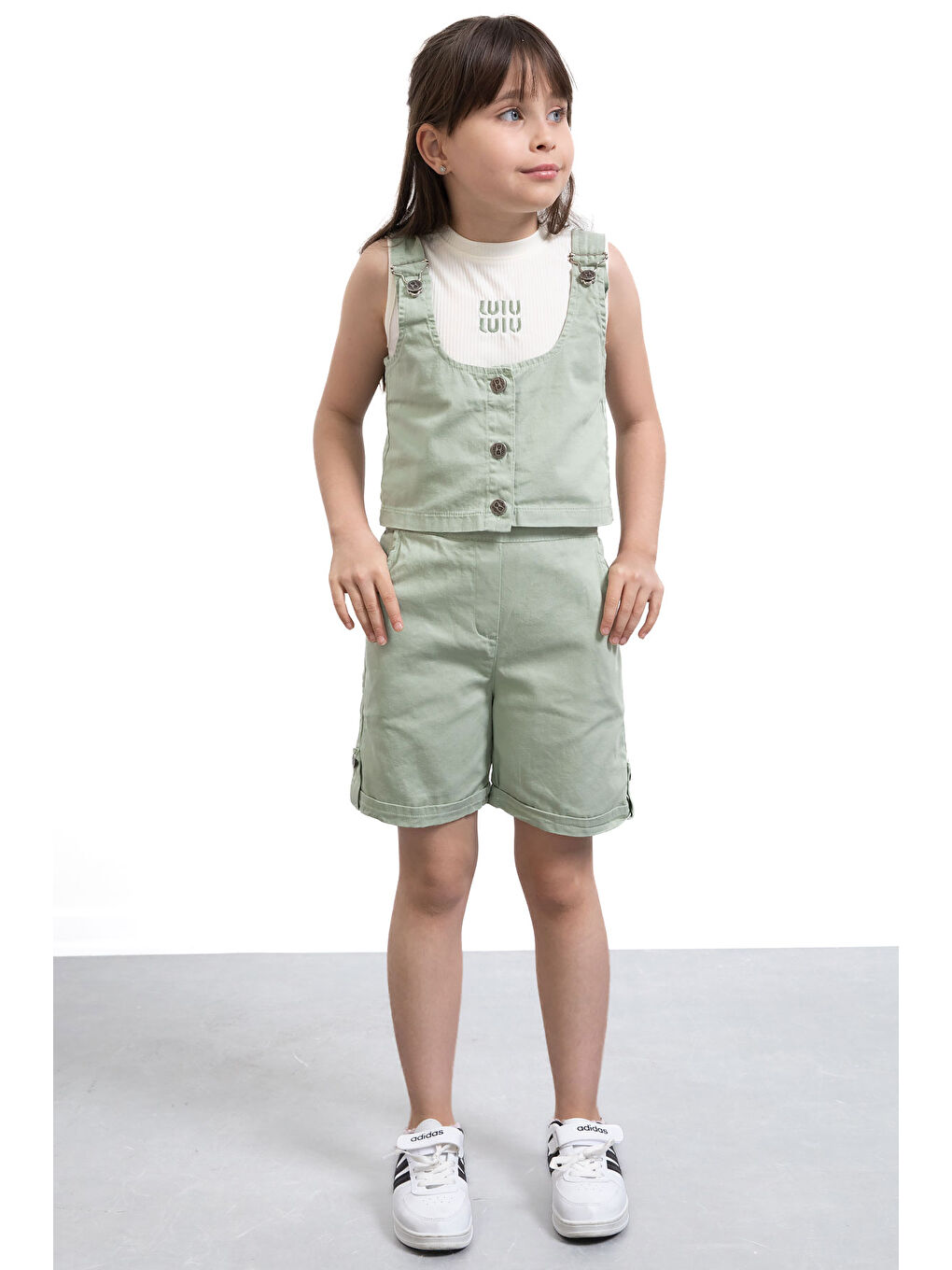 Haki Sıfır Kol Badili Düğmeli Yelekli Kız Çocuk 3lü Şortlu Takım 21035-2