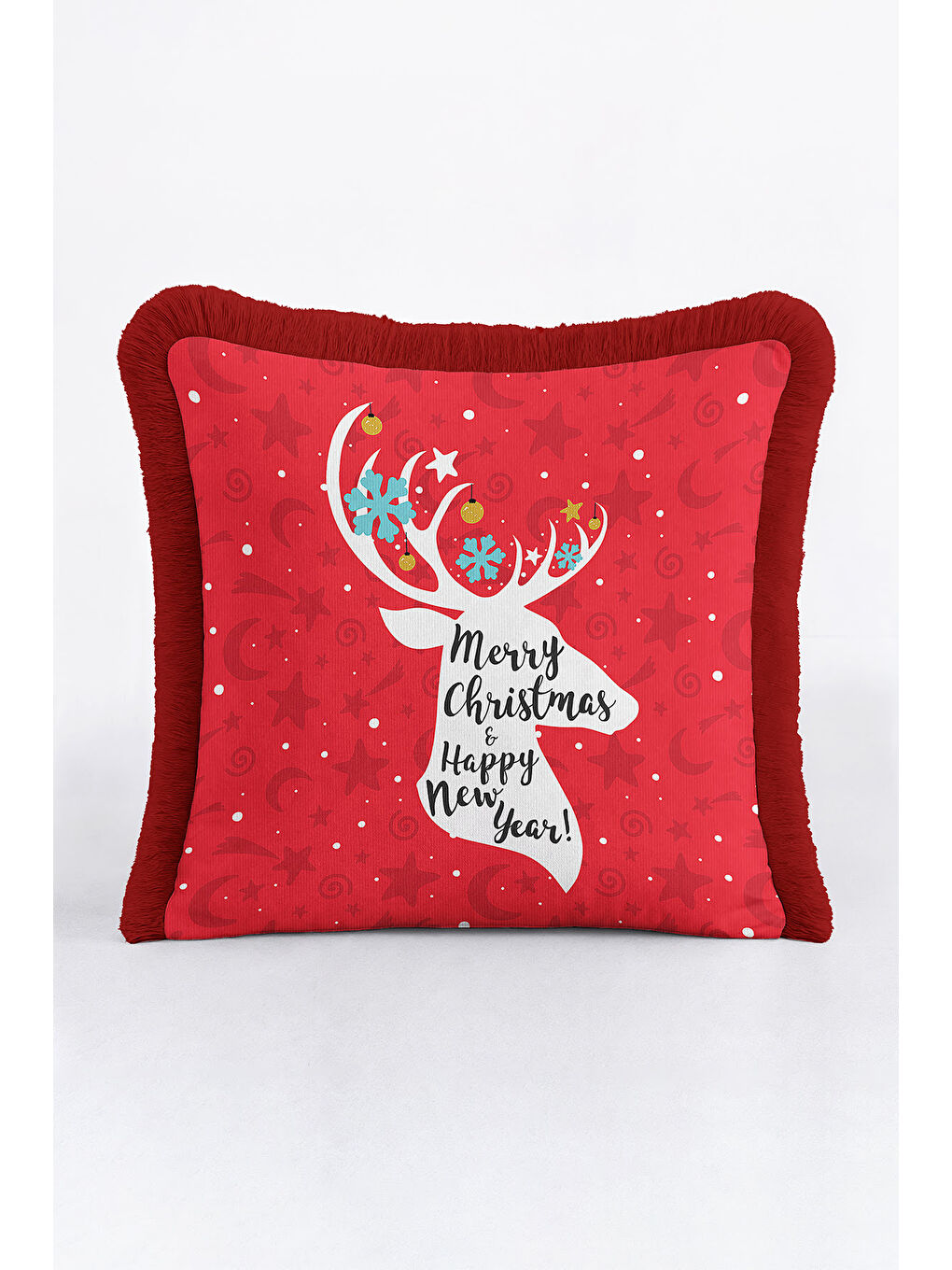 Karışık Yılbaşı Tema Kırmızı Saçaklı Yastık Kılıfı - Ren Geyiği Motifi Kırmızı Beyaz Püsküllü Kırlent Kılıfı-3