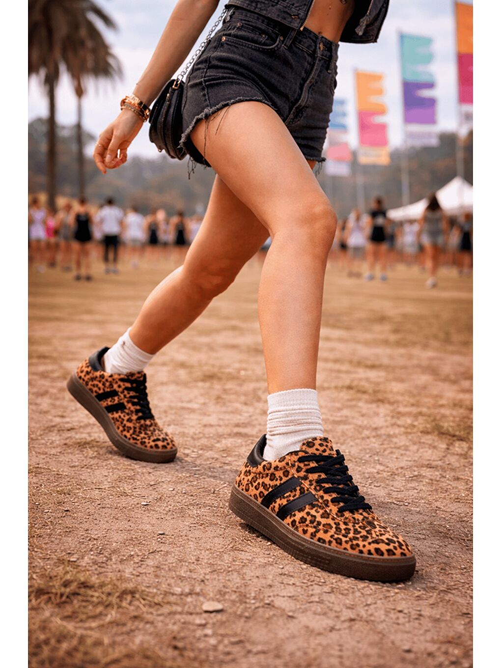 Sarı LEOPARD Kadın Ortopedik Günlük Bağcıklı Yürüyüş Leopar Desenli Sneaker Spor Ayakkabı-5