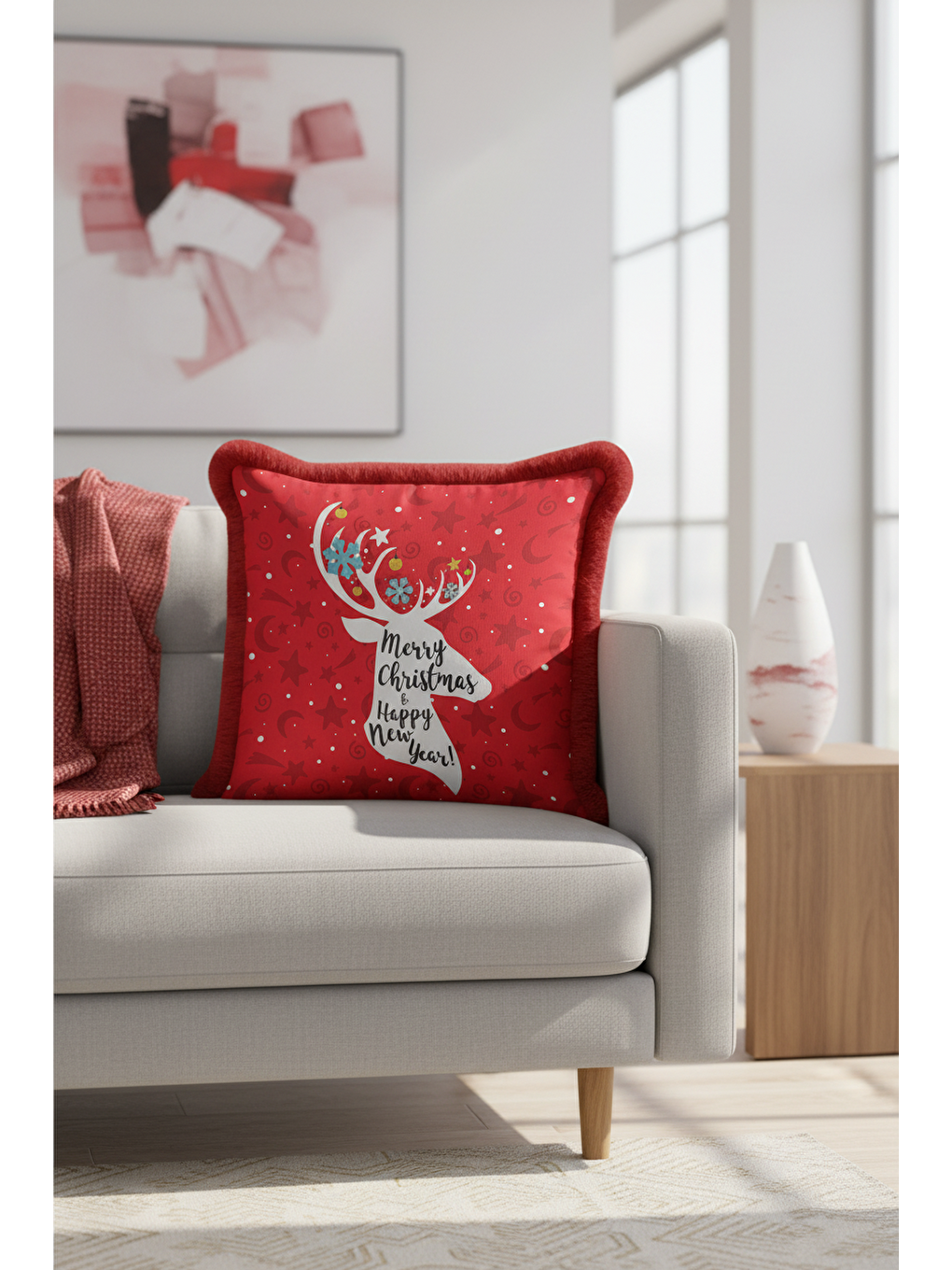 Karışık Yılbaşı Tema Kırmızı Saçaklı Yastık Kılıfı - Ren Geyiği Motifi Kırmızı Beyaz Püsküllü Kırlent Kılıfı-4