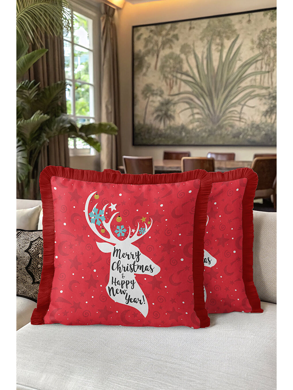 Karışık Yılbaşı Tema Kırmızı Saçaklı Yastık Kılıfı - Ren Geyiği Motifi Kırmızı Beyaz Püsküllü Kırlent Kılıfı-5