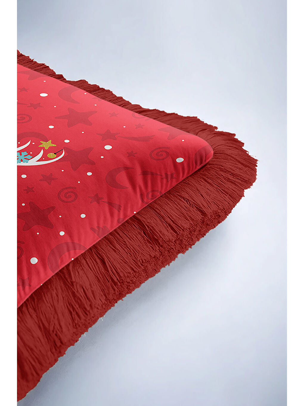 Karışık Yılbaşı Tema Kırmızı Saçaklı Yastık Kılıfı - Ren Geyiği Motifi Kırmızı Beyaz Püsküllü Kırlent Kılıfı-6