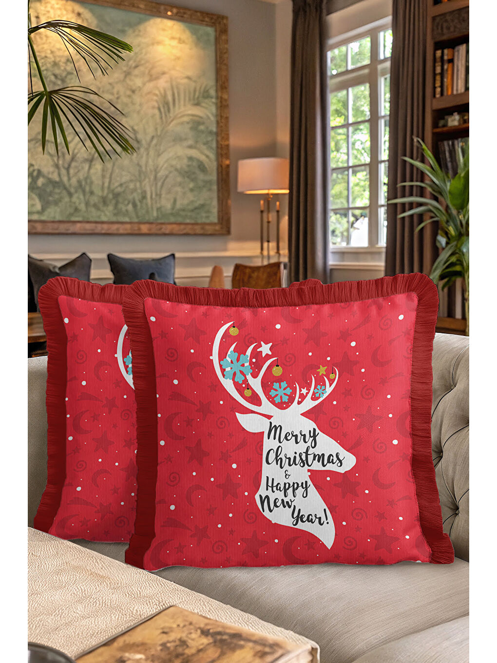 Karışık Yılbaşı Tema Kırmızı Saçaklı Yastık Kılıfı - Ren Geyiği Motifi Kırmızı Beyaz Püsküllü Kırlent Kılıfı-7