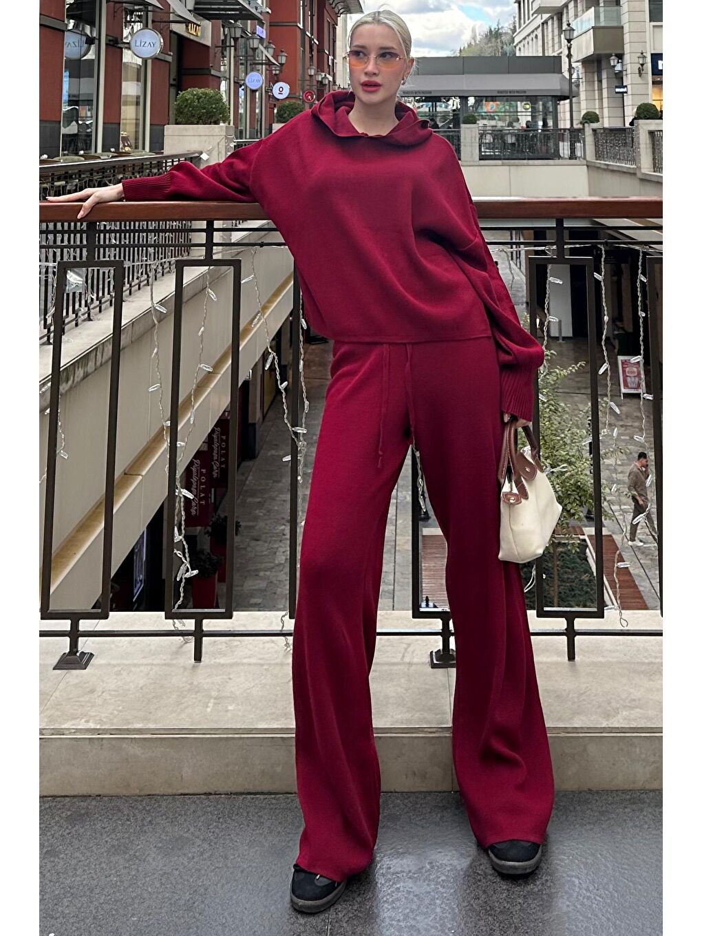 Bordo Kapüşonlu Triko Kadın Eşofman Takımı Mg2237-7