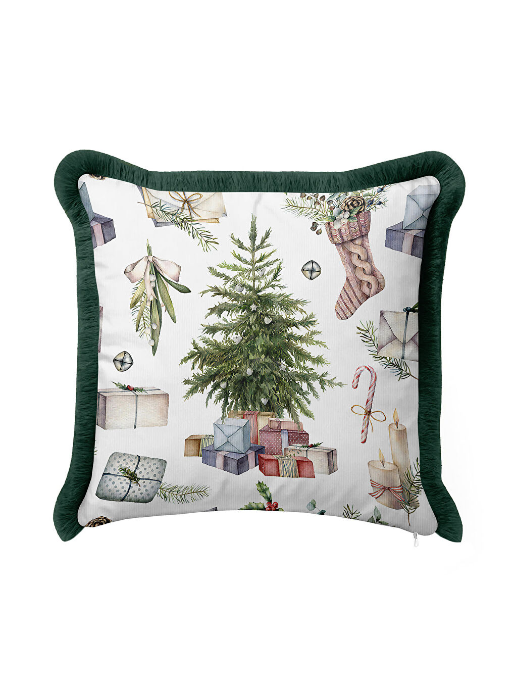 Karışık Lüks Yeni Yıl Temalı Saçaklı Yastık Kılıfı - Hediye Çam Ağacı Rustik Yeşil Püsküllü Kırlent Kılıfı