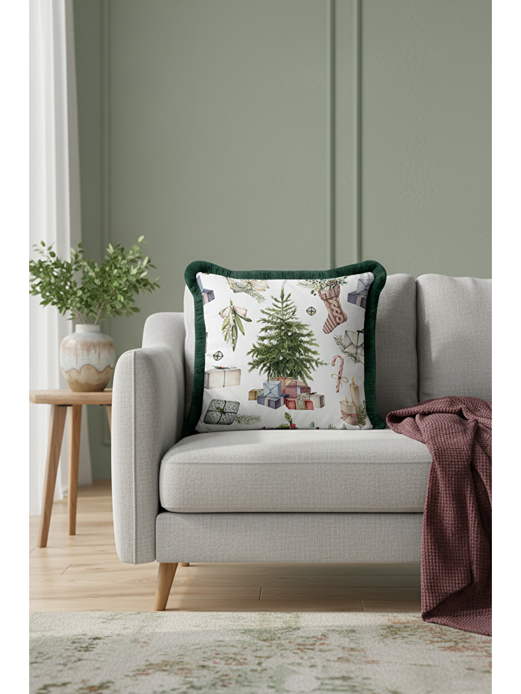 Karışık Lüks Yeni Yıl Temalı Saçaklı Yastık Kılıfı - Hediye Çam Ağacı Rustik Yeşil Püsküllü Kırlent Kılıfı-1